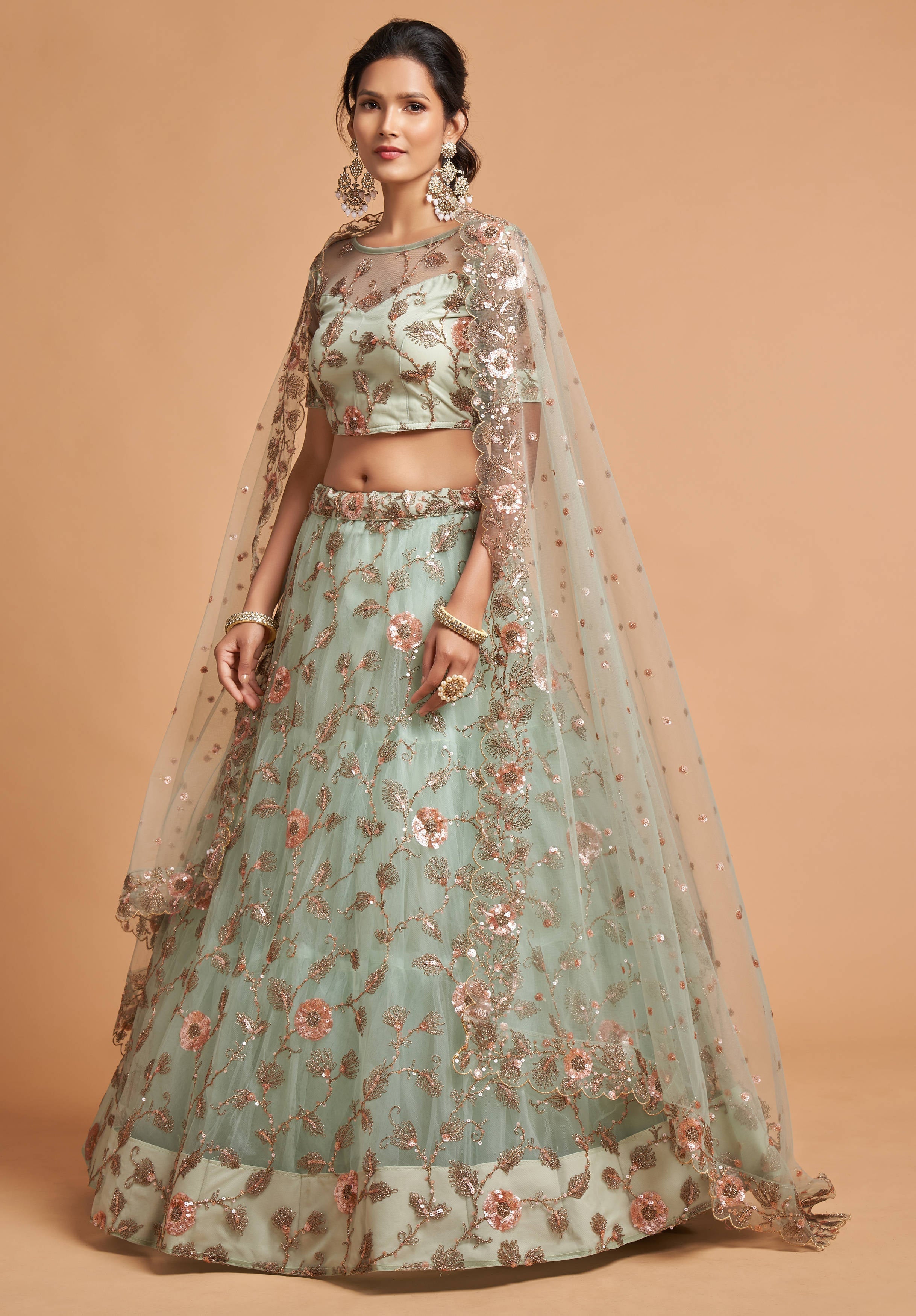 Alluring Sky Blue Thread Embroidery Party Wear Net Lehenga Choli