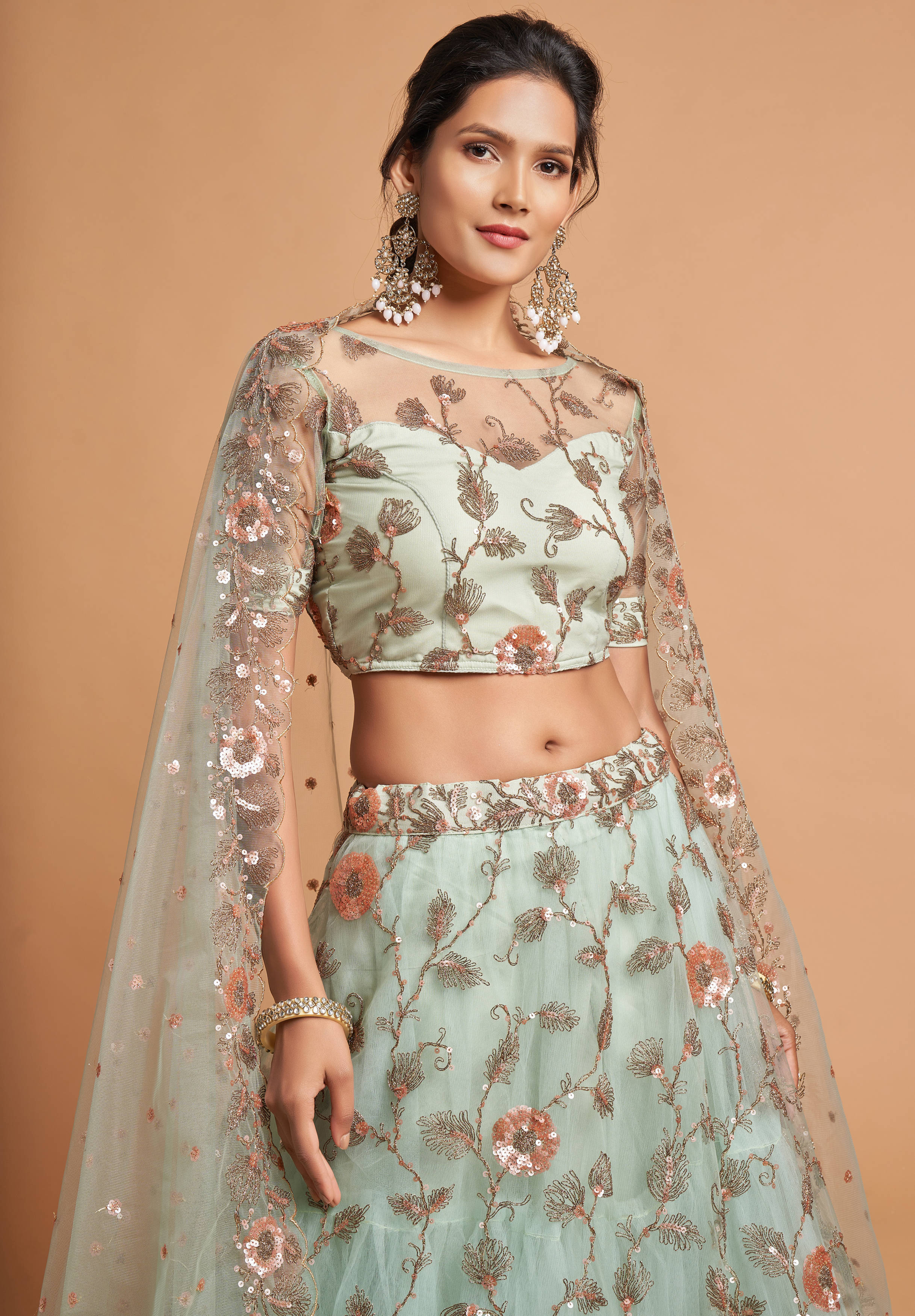 Alluring Sky Blue Thread Embroidery Party Wear Net Lehenga Choli