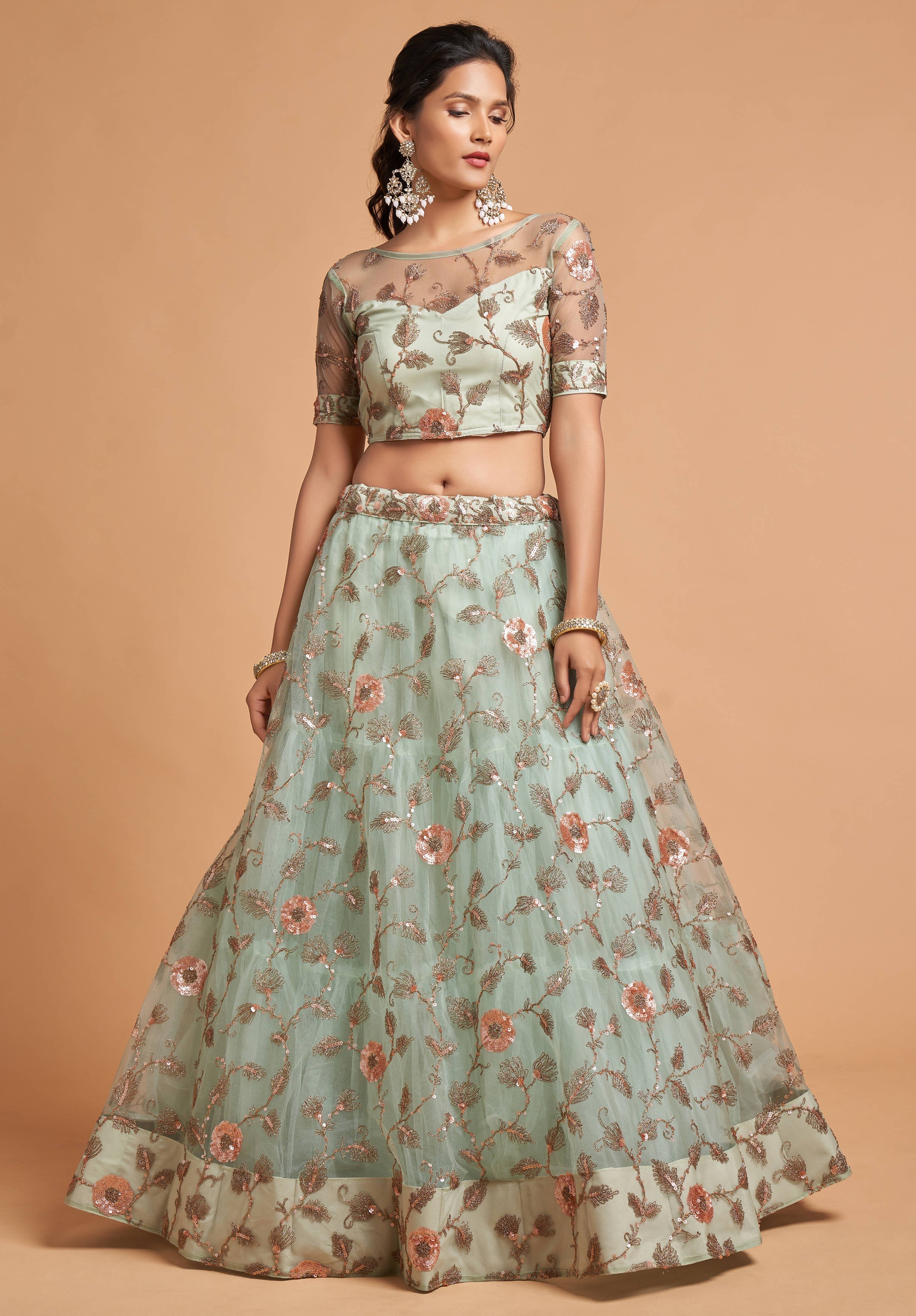 Alluring Sky Blue Thread Embroidery Party Wear Net Lehenga Choli
