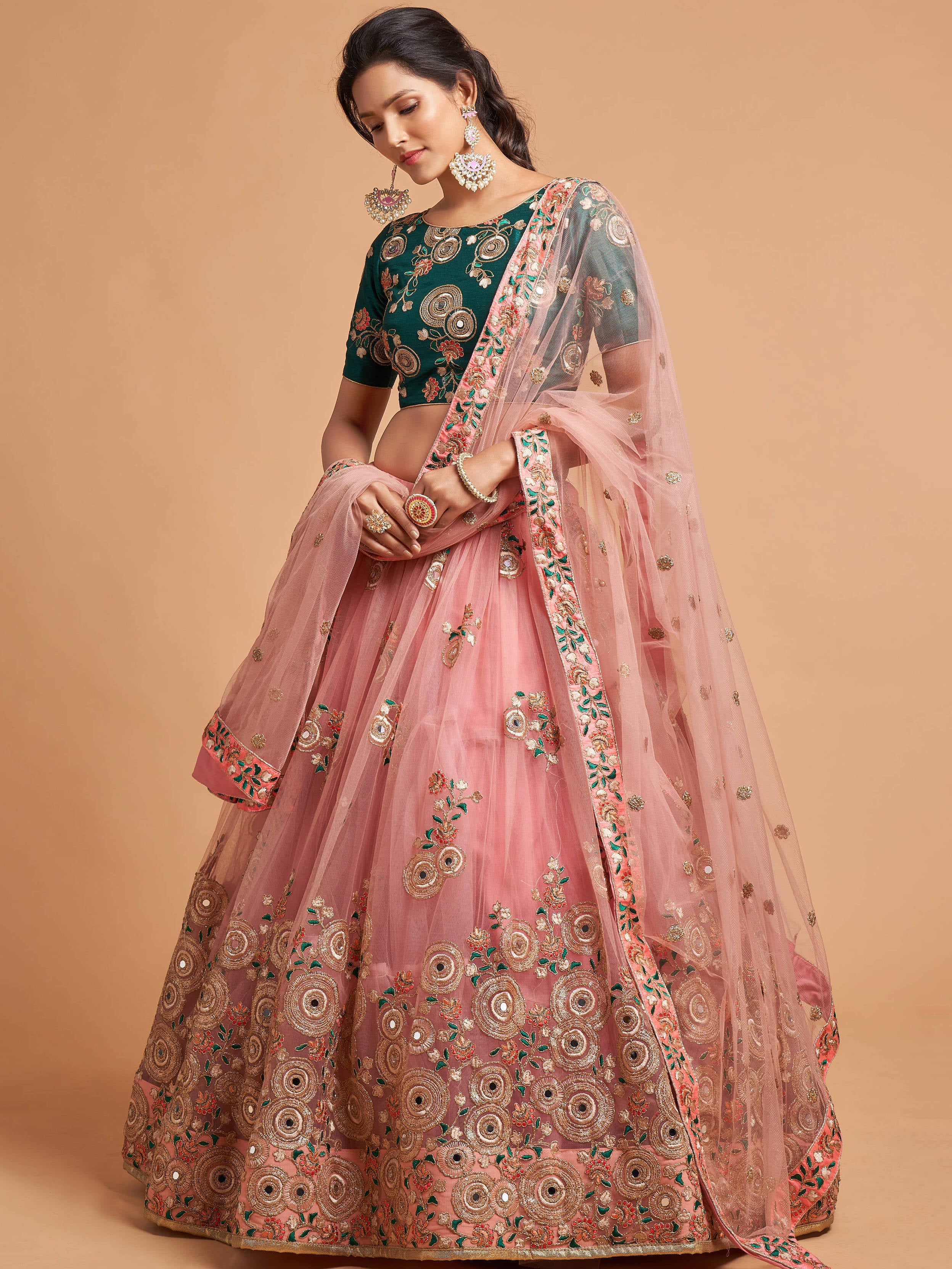 Lovely Peach Mirror work Soft Net Party Wear Lehenga Choli