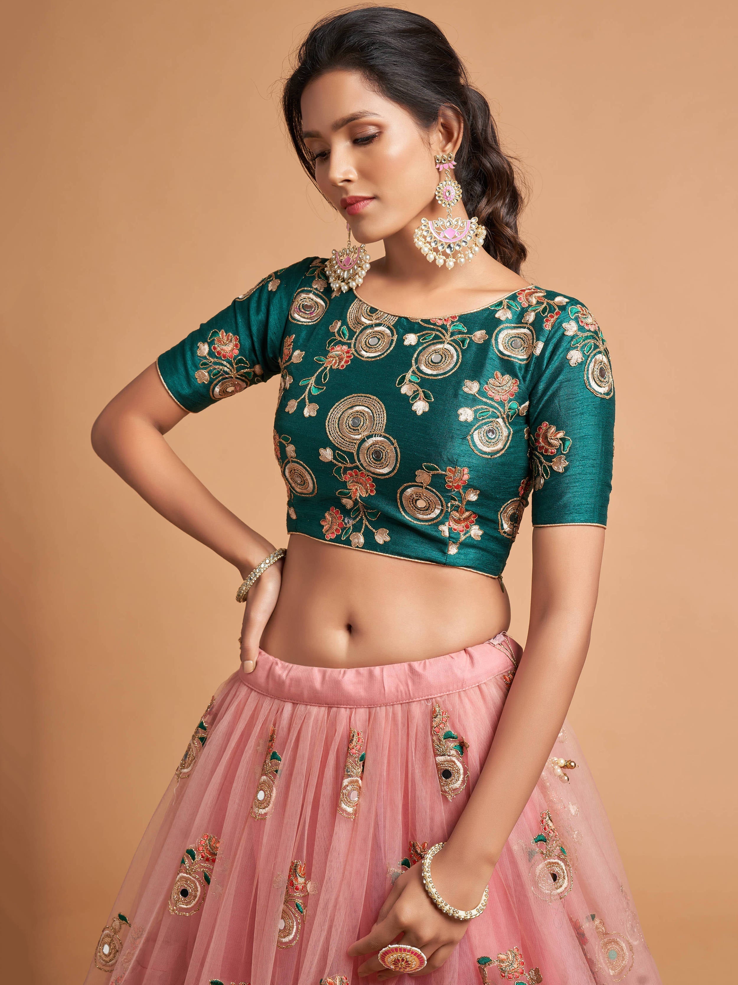 Lovely Peach Mirror work Soft Net Party Wear Lehenga Choli