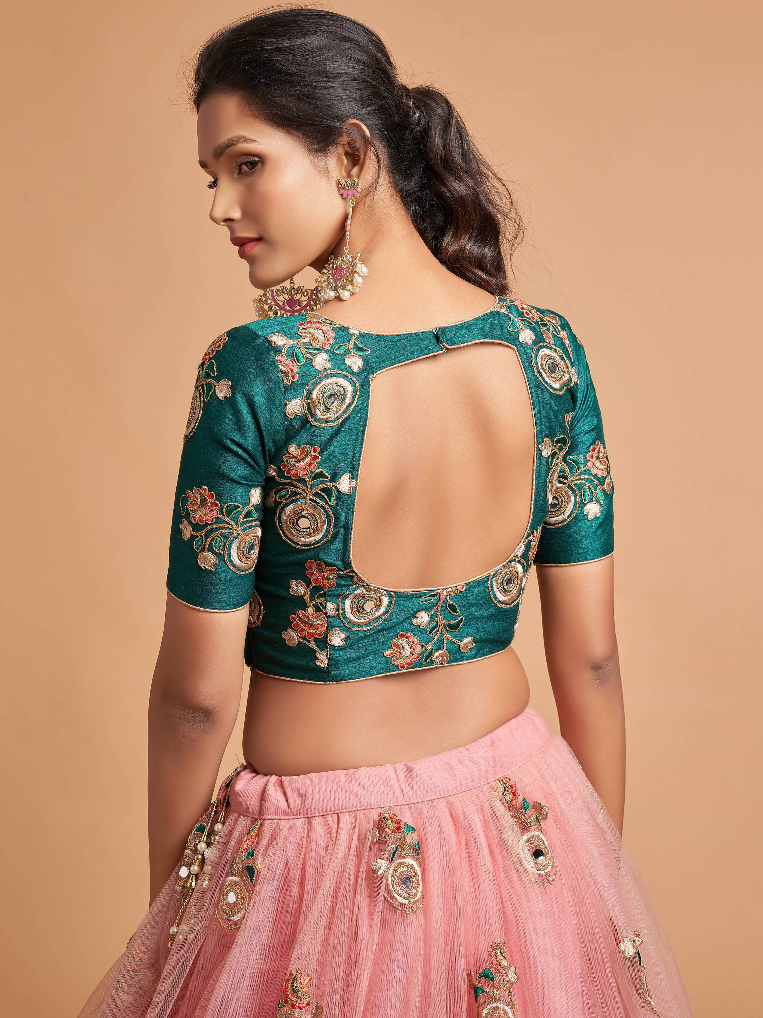 Lovely Peach Mirror work Soft Net Party Wear Lehenga Choli