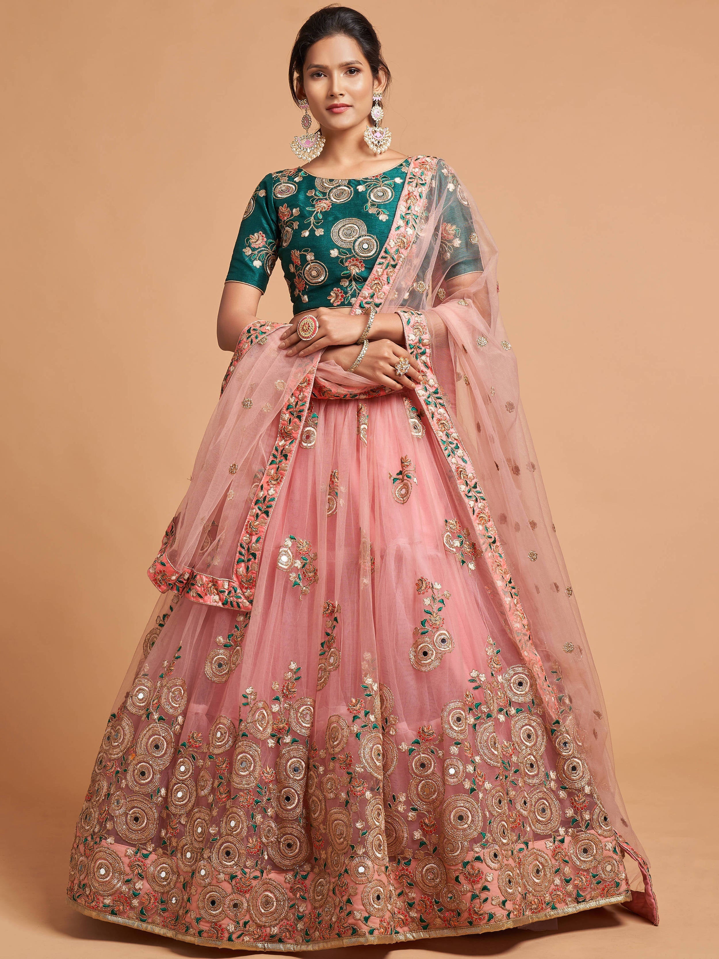 Lovely Peach Mirror work Soft Net Party Wear Lehenga Choli