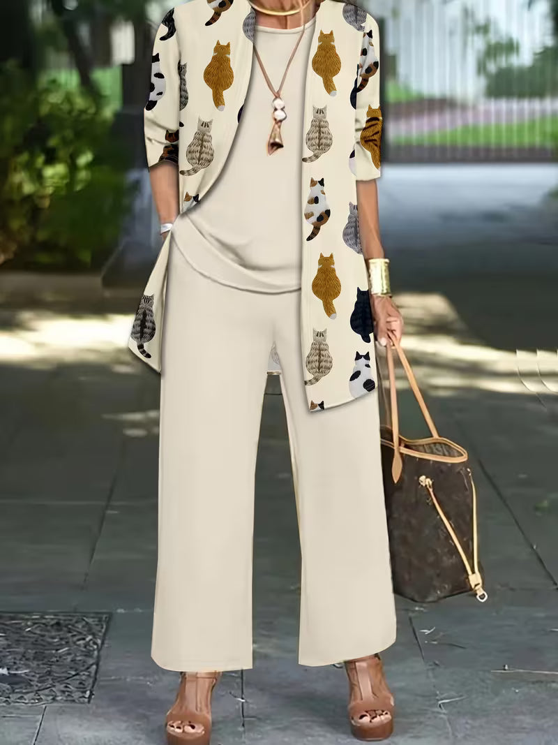 Women’s 3pcs Cat Print Jacket, Top & Pants Set