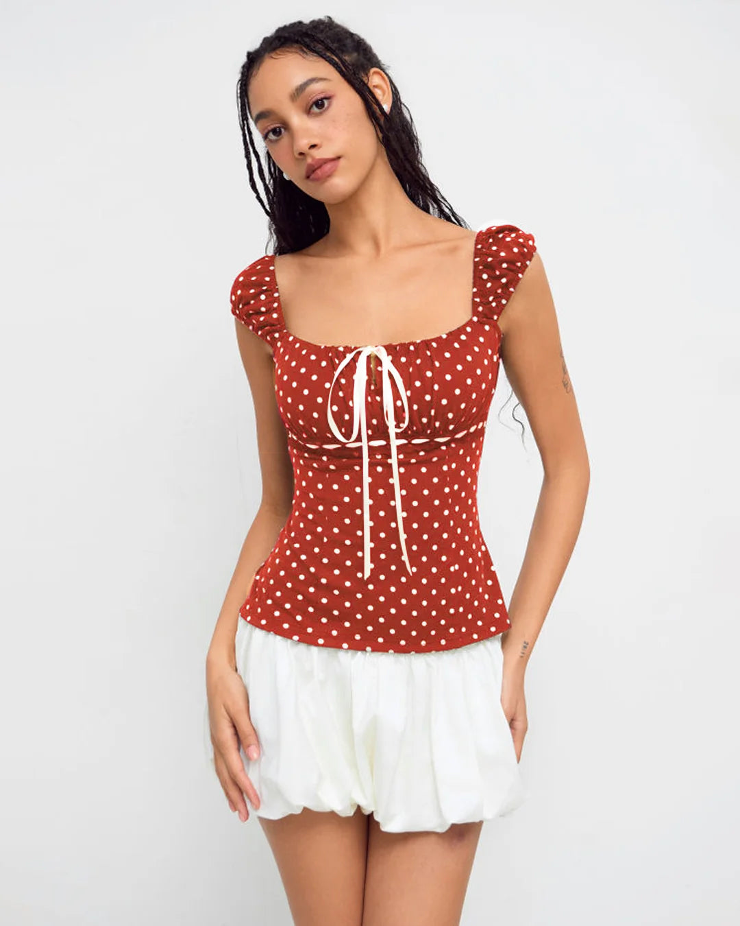 Square Neck Polka Dot Knotted Short Sleeve Top in Red
