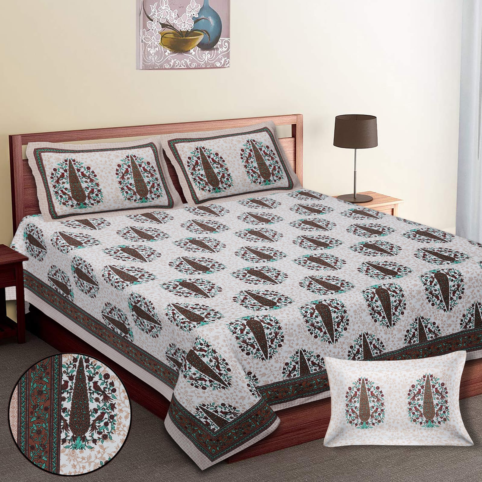 King-Size Bed Sheet Set with 2 Pillow Covers (Cotton Autoloom Fabric)