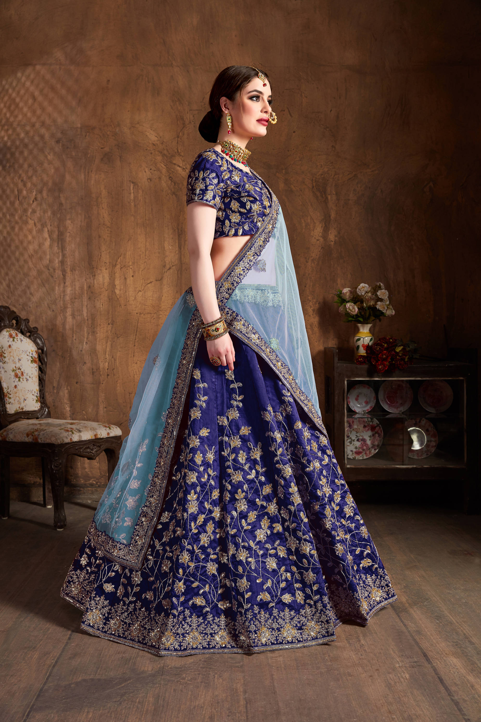 Graceful Navy Blue Zari Work Banglory Silk Bridal Lehenga Choli