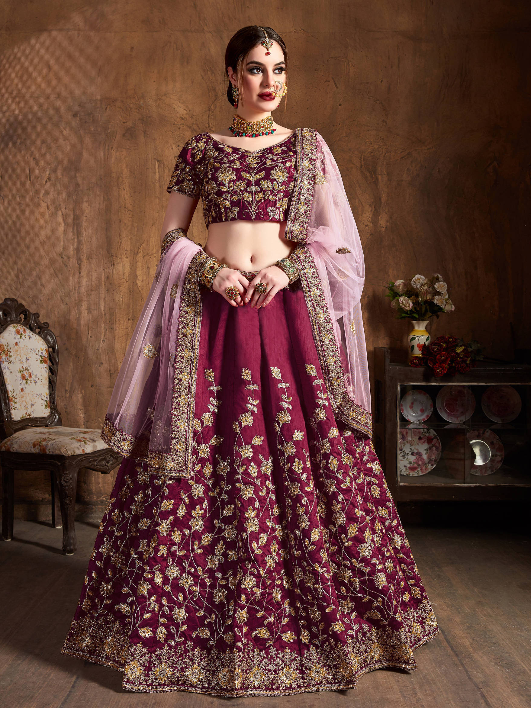 Delightful Maroon Zari Work Banglory Silk Bridal Lehenga Choli