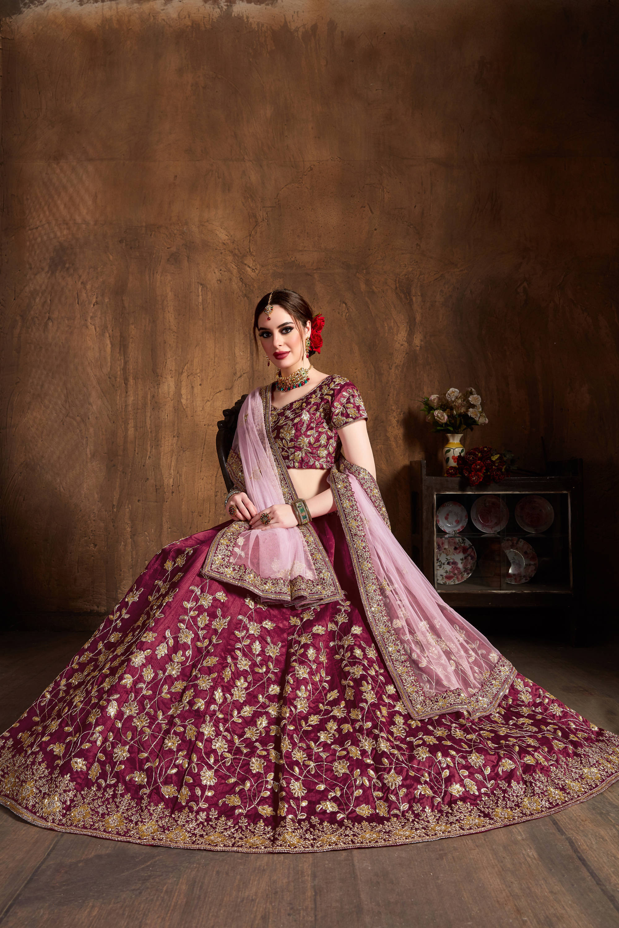Delightful Maroon Zari Work Banglory Silk Bridal Lehenga Choli