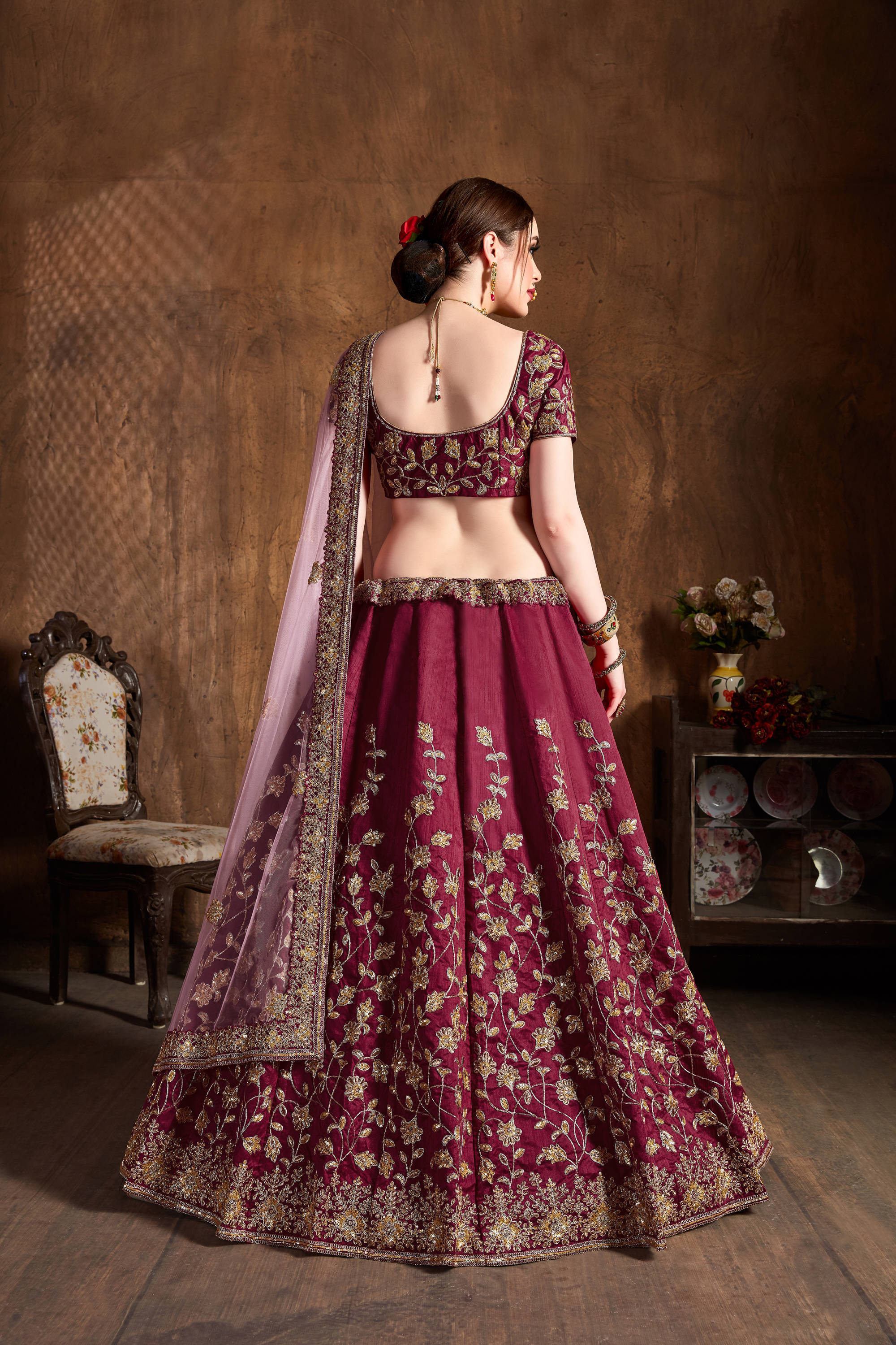 Delightful Maroon Zari Work Banglory Silk Bridal Lehenga Choli