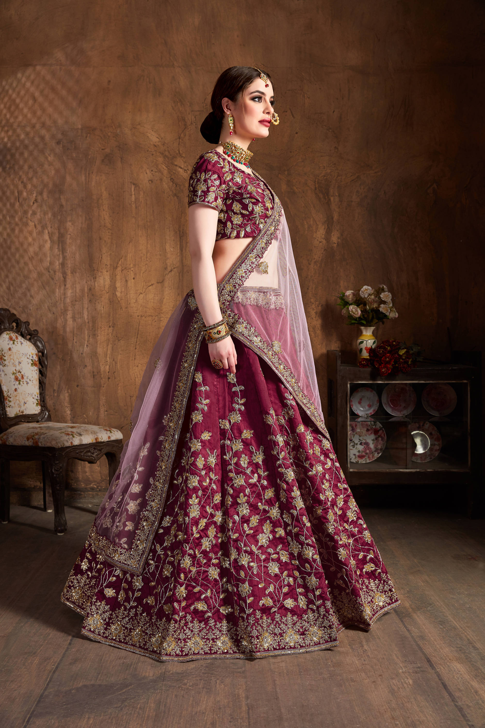 Delightful Maroon Zari Work Banglory Silk Bridal Lehenga Choli