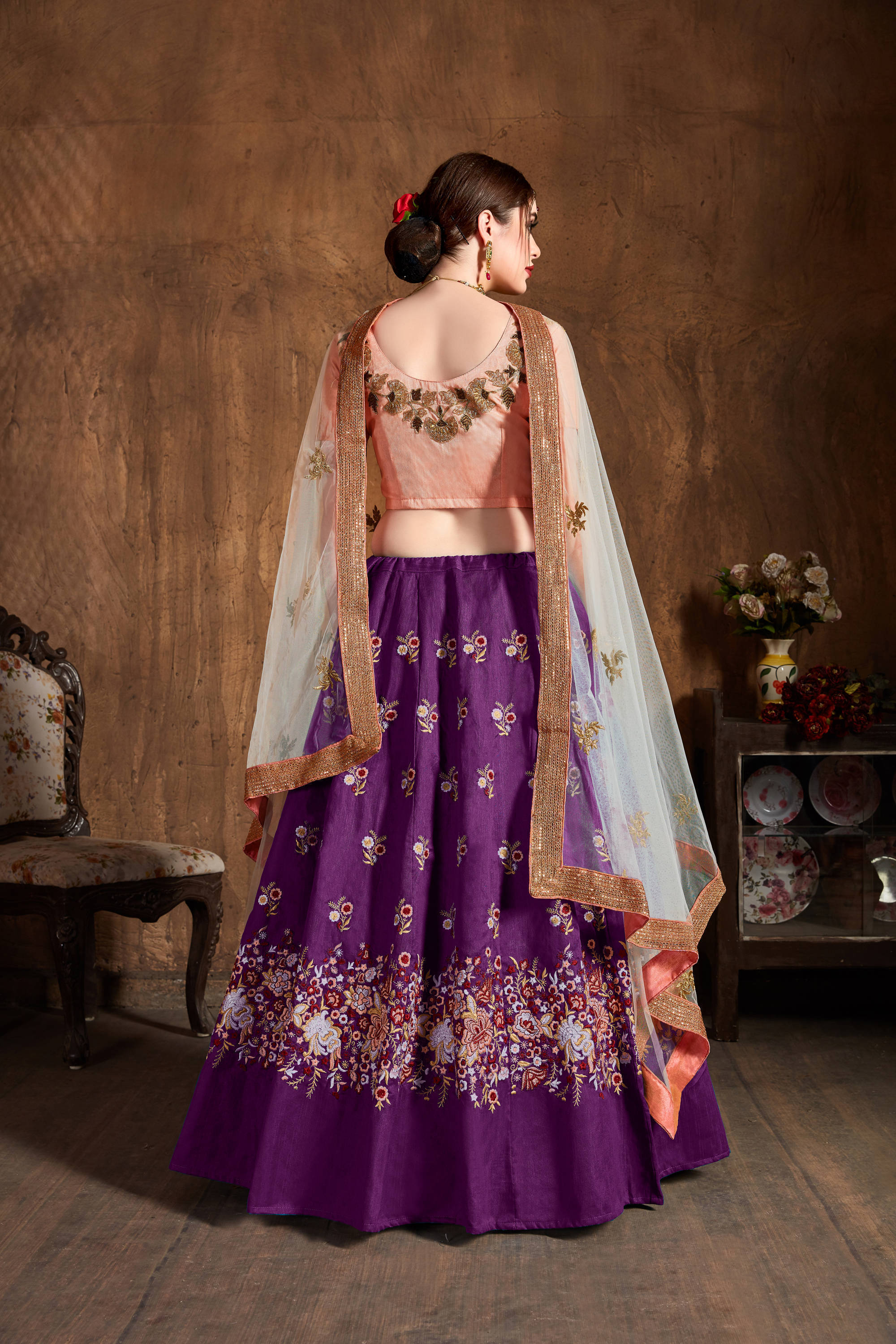 Marvelous Purple Thread Work Raw Silk Bridal Lehenga Choli