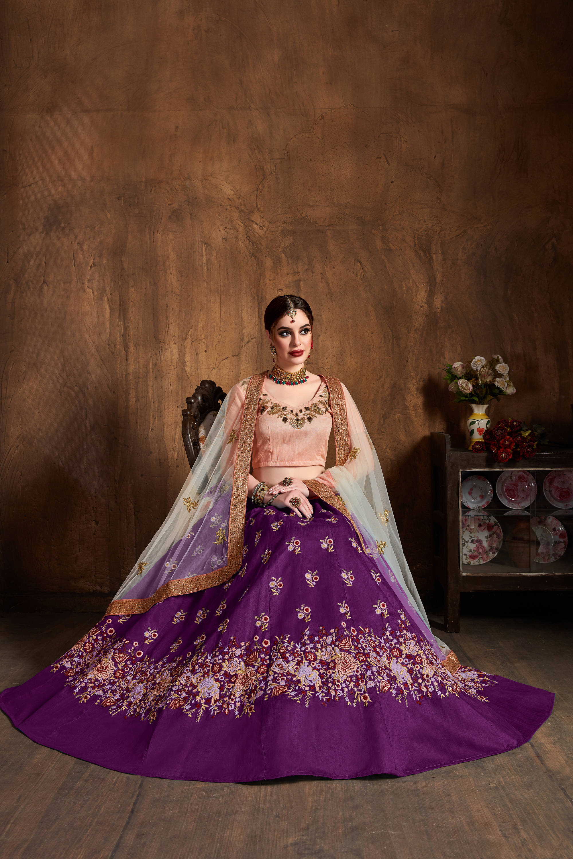 Marvelous Purple Thread Work Raw Silk Bridal Lehenga Choli