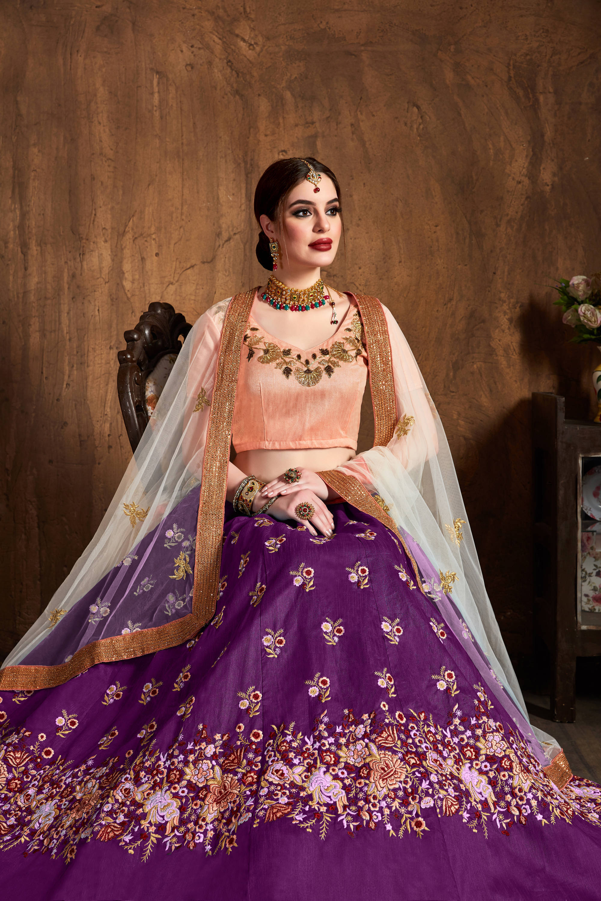 Marvelous Purple Thread Work Raw Silk Bridal Lehenga Choli