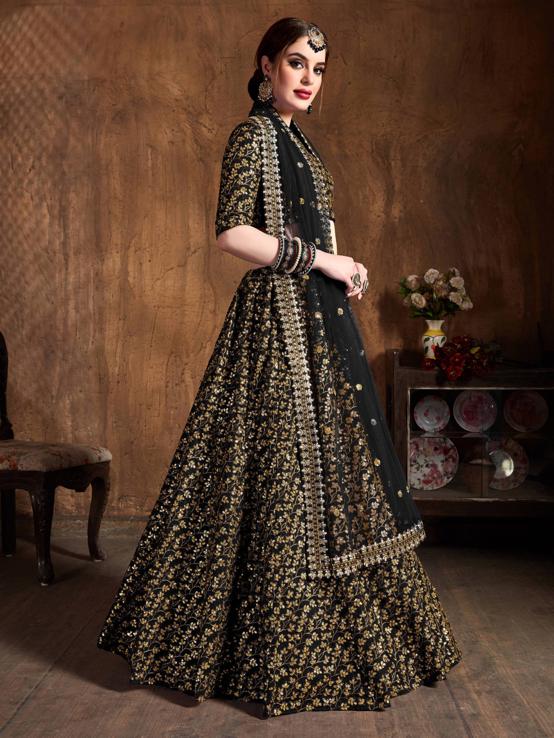 Desirable Black Sequins Raw Silk Bridal Lehenga Choli