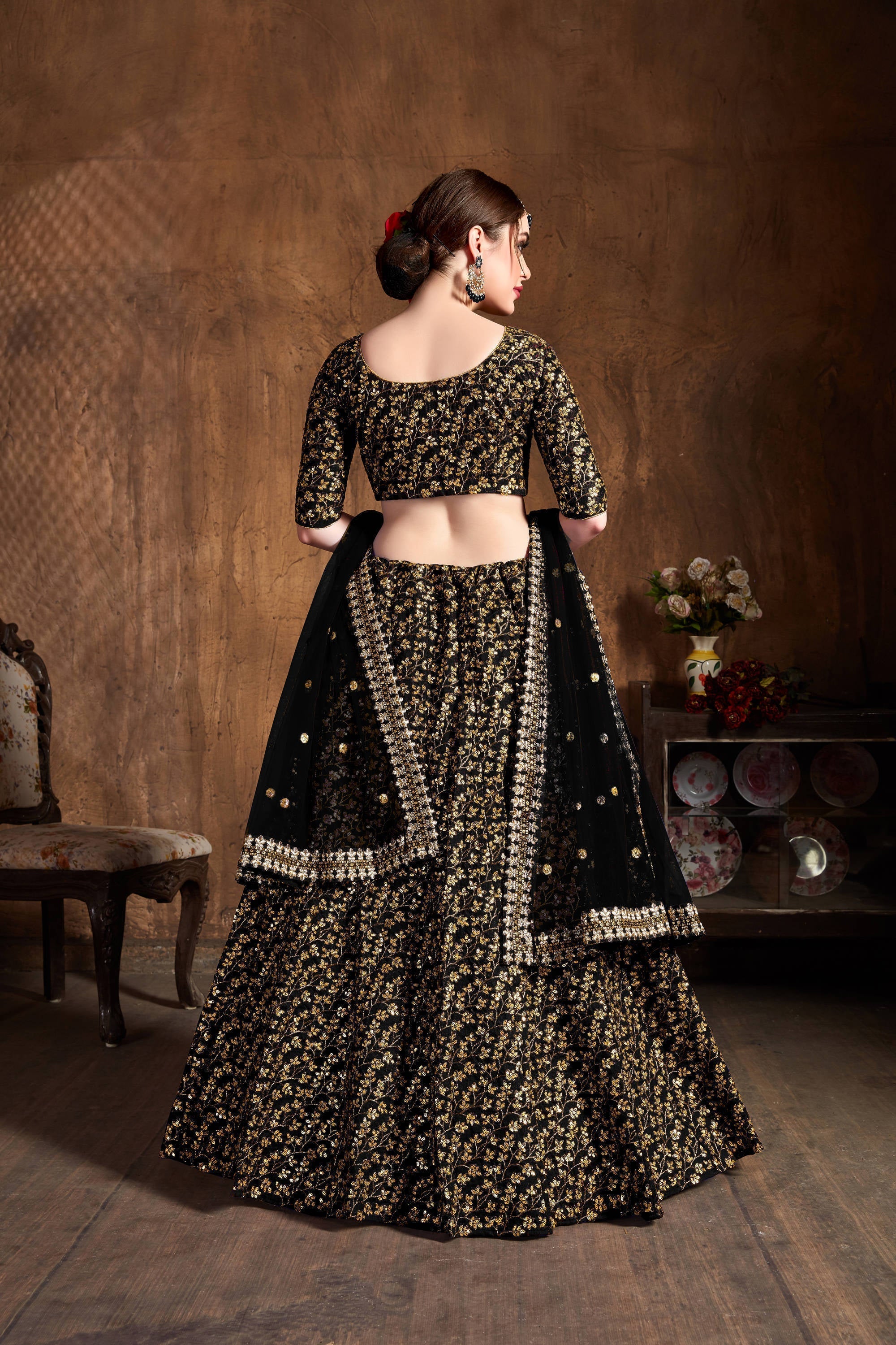 Desirable Black Sequins Raw Silk Bridal Lehenga Choli