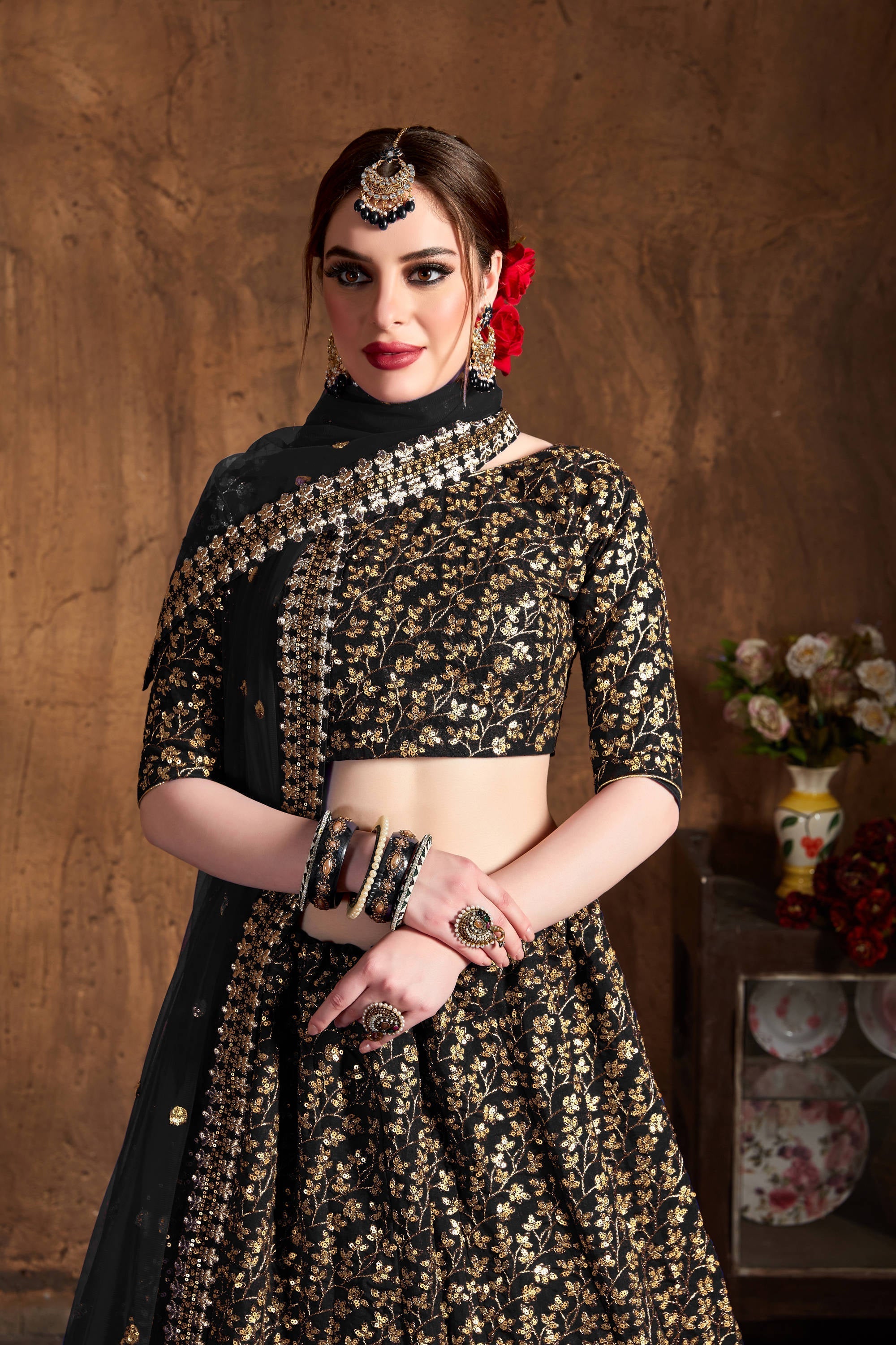 Desirable Black Sequins Raw Silk Bridal Lehenga Choli