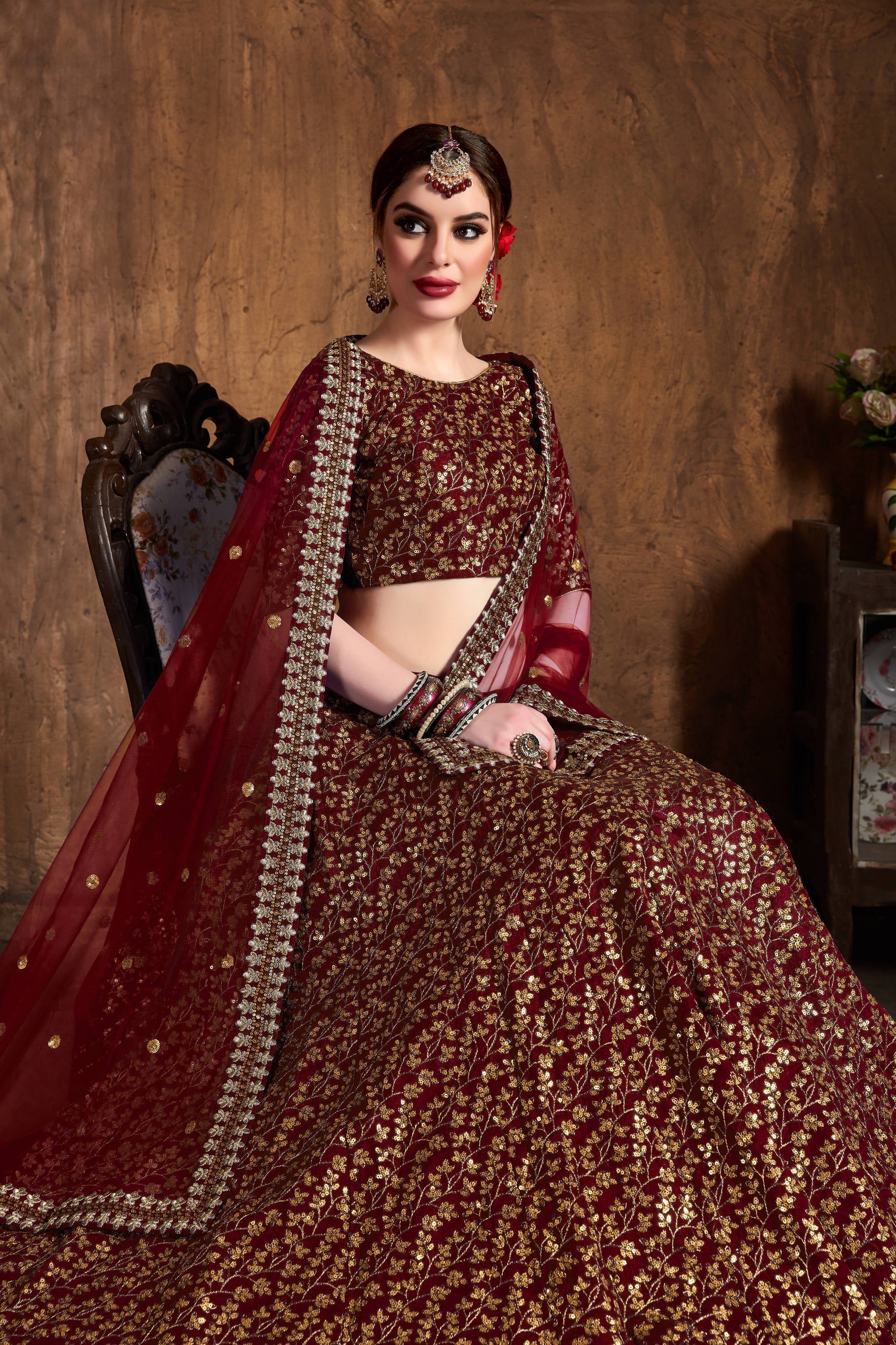 Breathtaking Maroon Sequins Raw Silk Bridal Lehenga Choli
