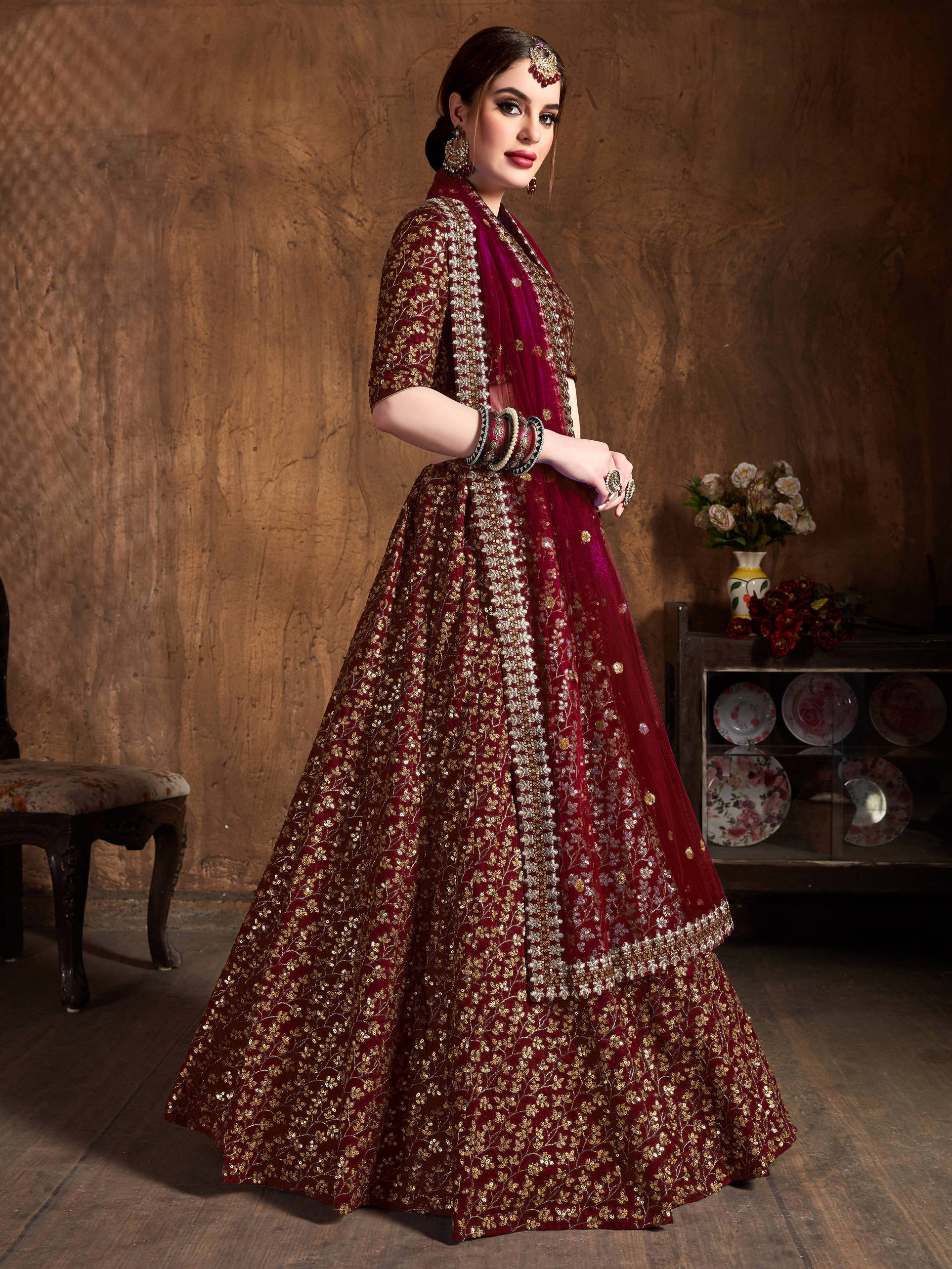 Breathtaking Maroon Sequins Raw Silk Bridal Lehenga Choli
