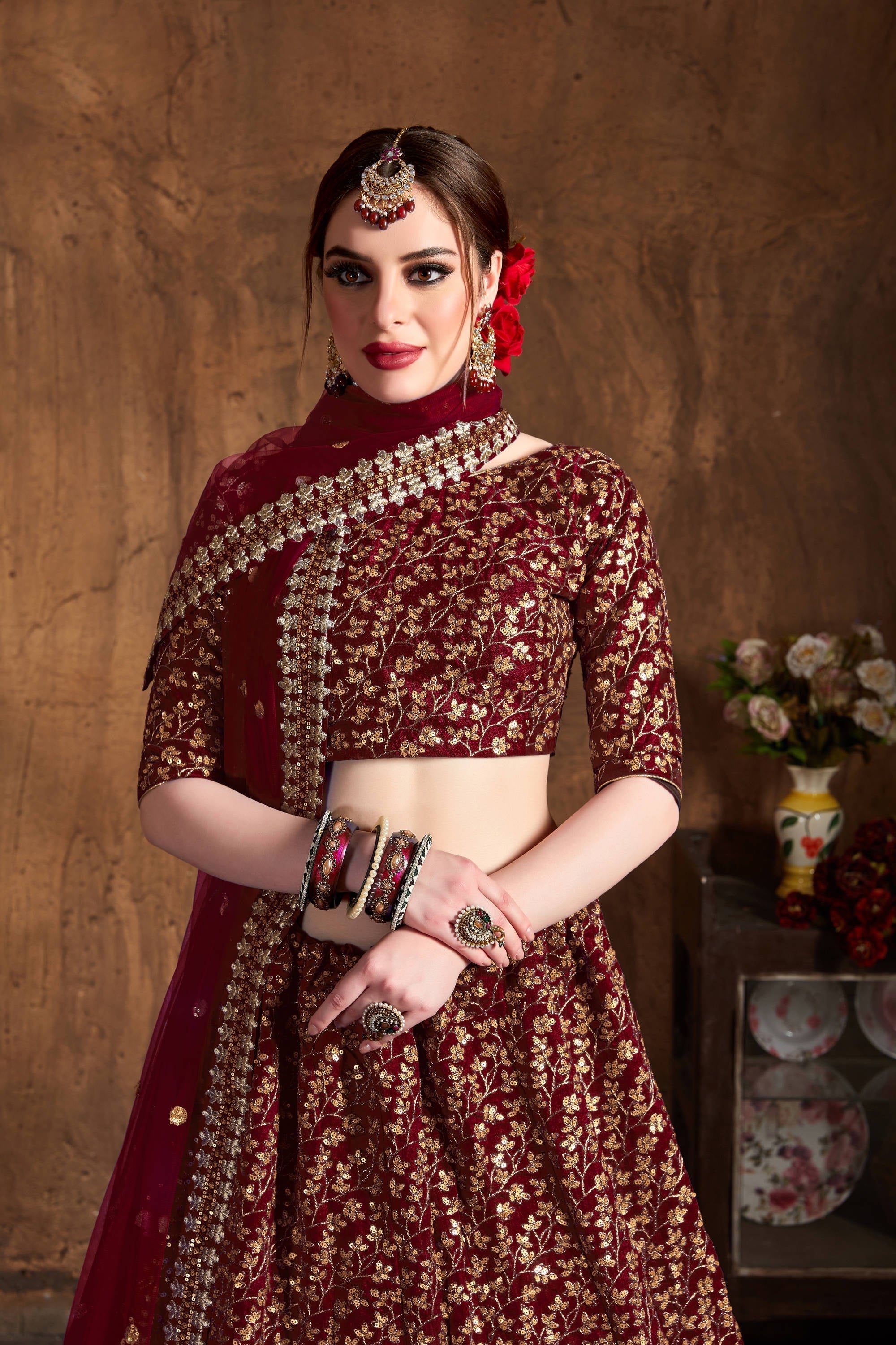 Breathtaking Maroon Sequins Raw Silk Bridal Lehenga Choli
