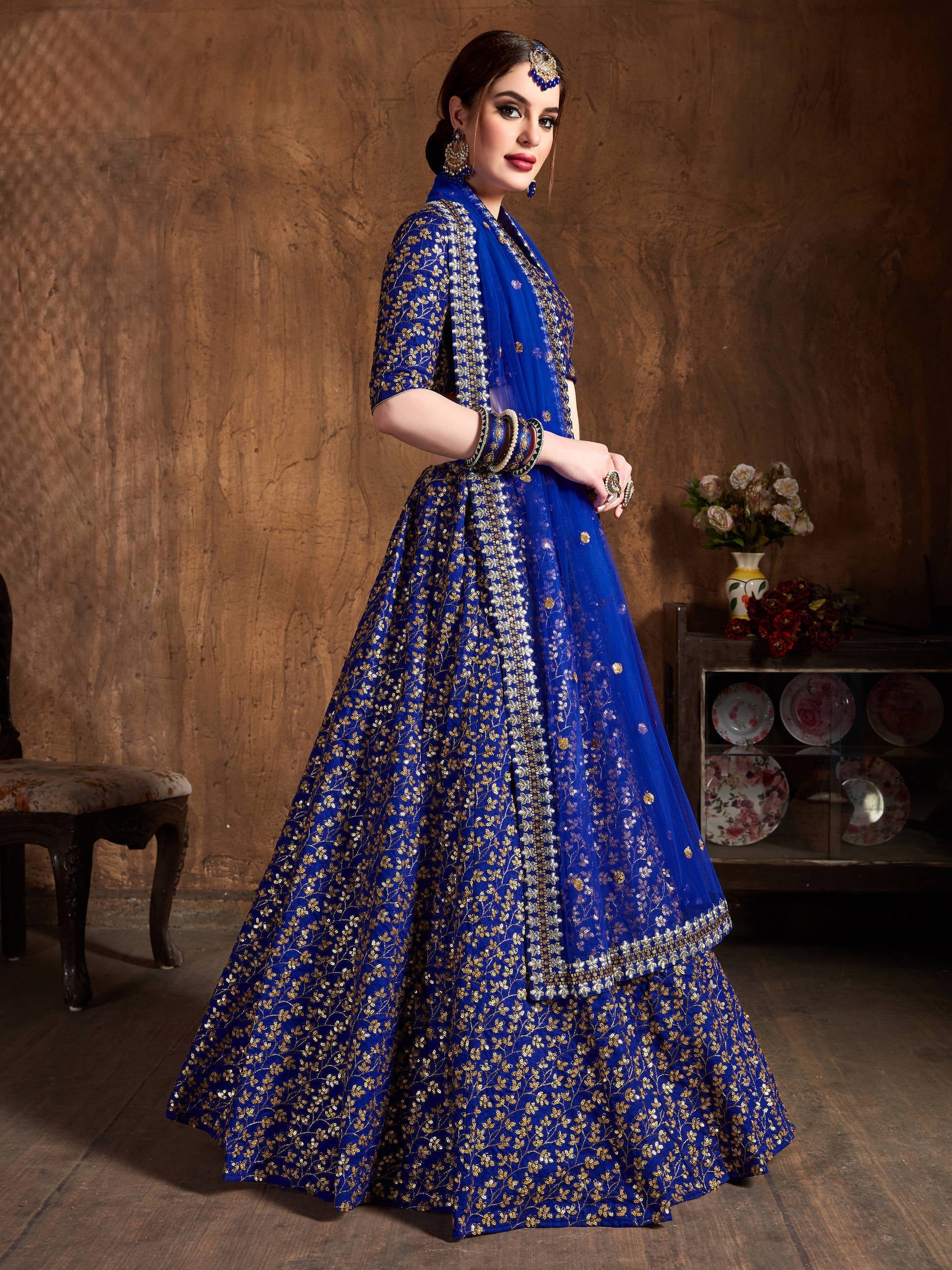 Intricate Royal Blue Sequins Raw Silk Bridal Lehenga Choli