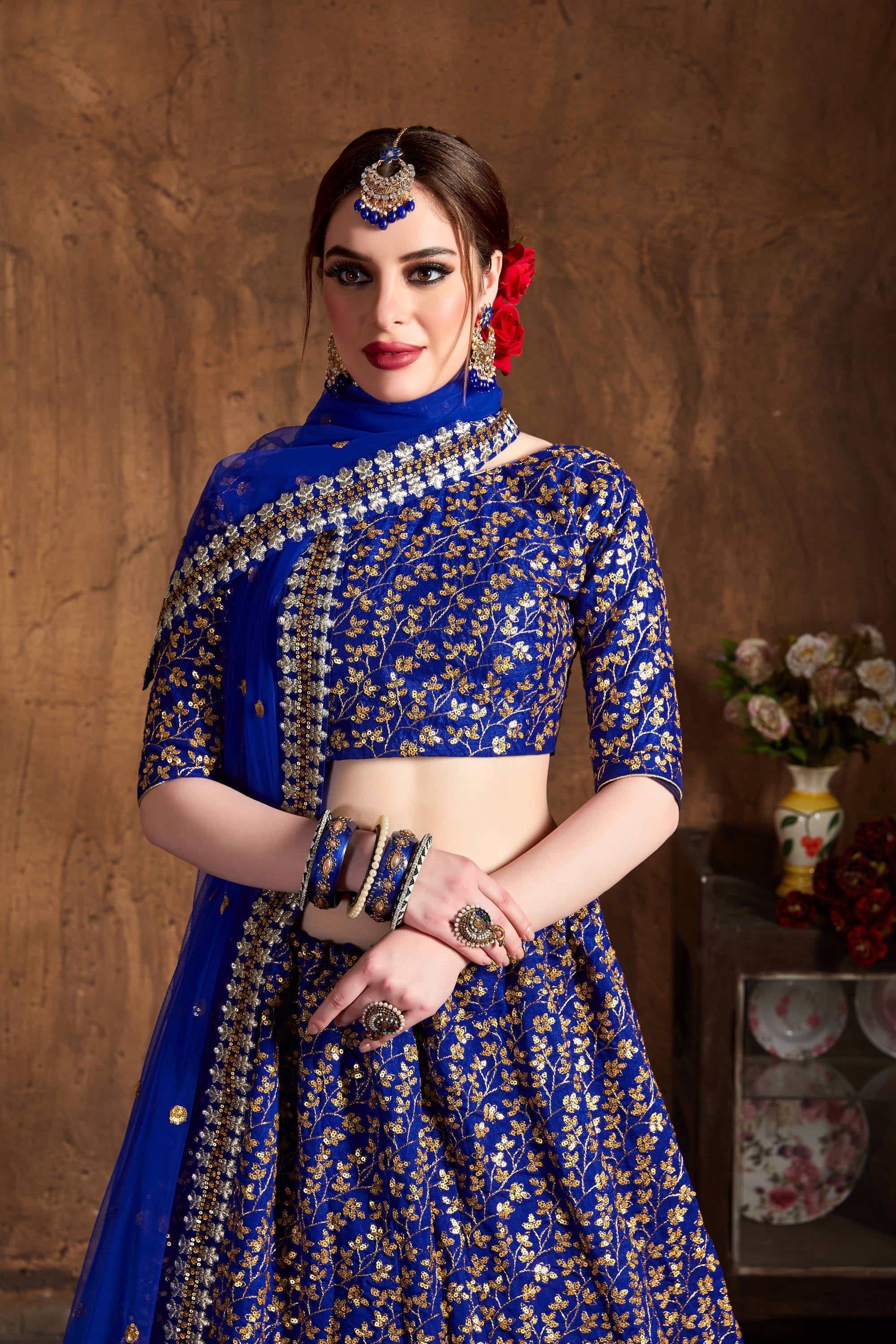 Intricate Royal Blue Sequins Raw Silk Bridal Lehenga Choli