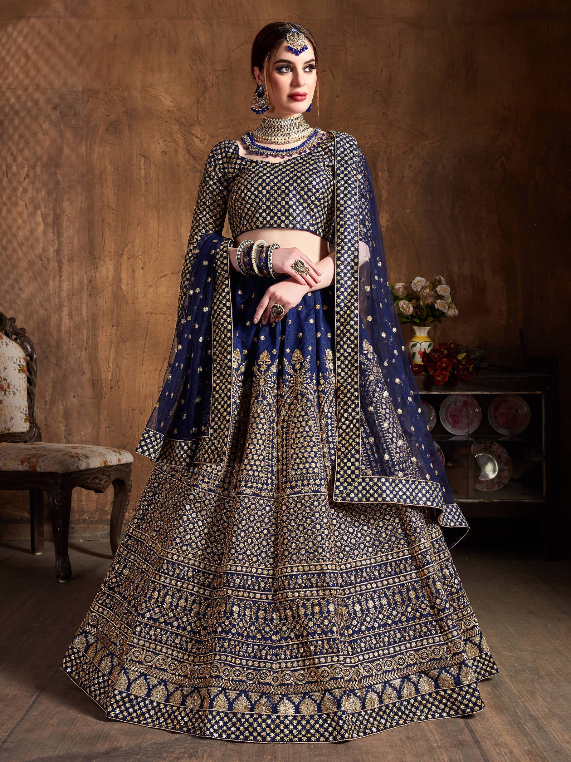 Demanding Navy Blue Sequins Raw Silk Wedding Lehenga Choli