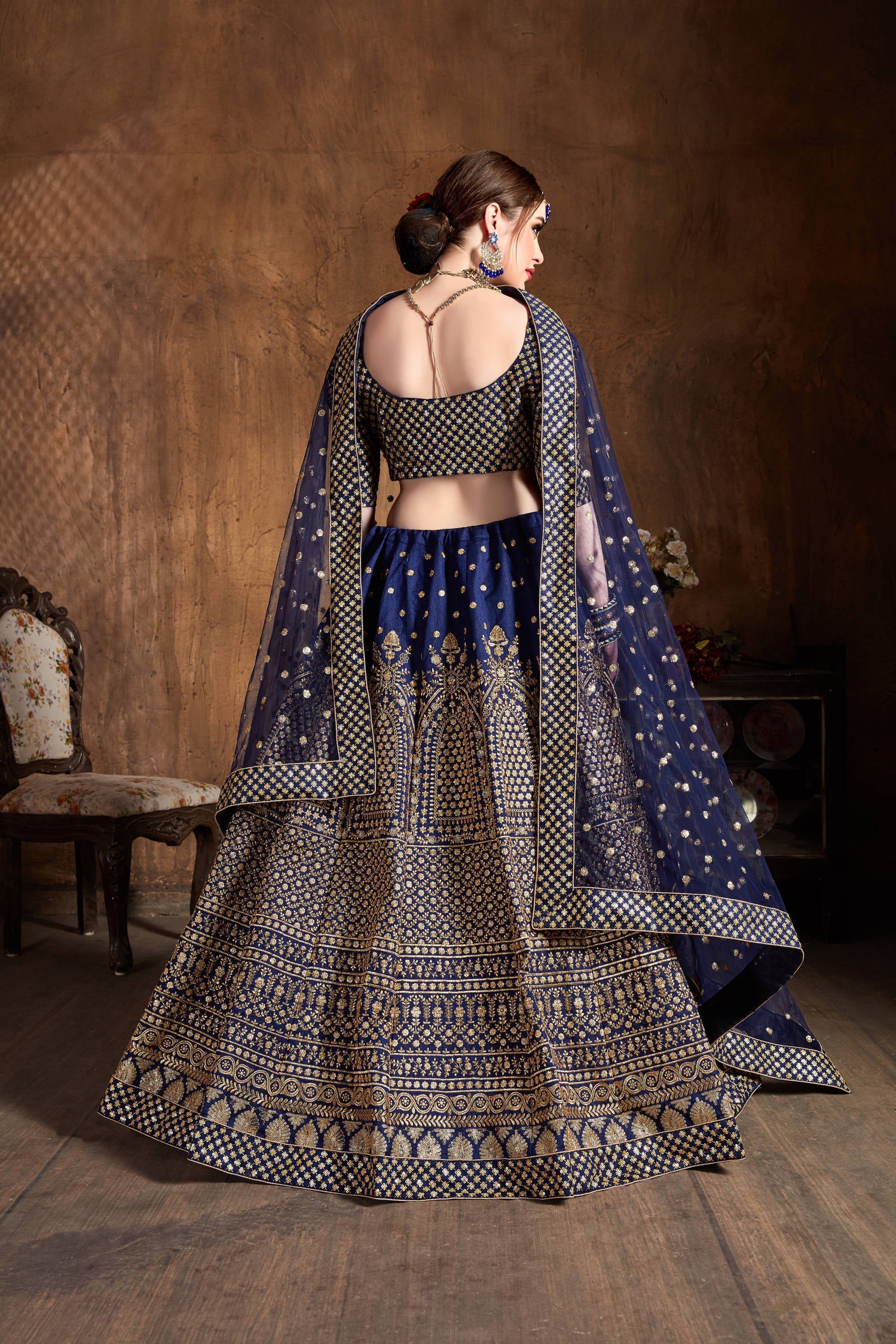 Demanding Navy Blue Sequins Raw Silk Wedding Lehenga Choli