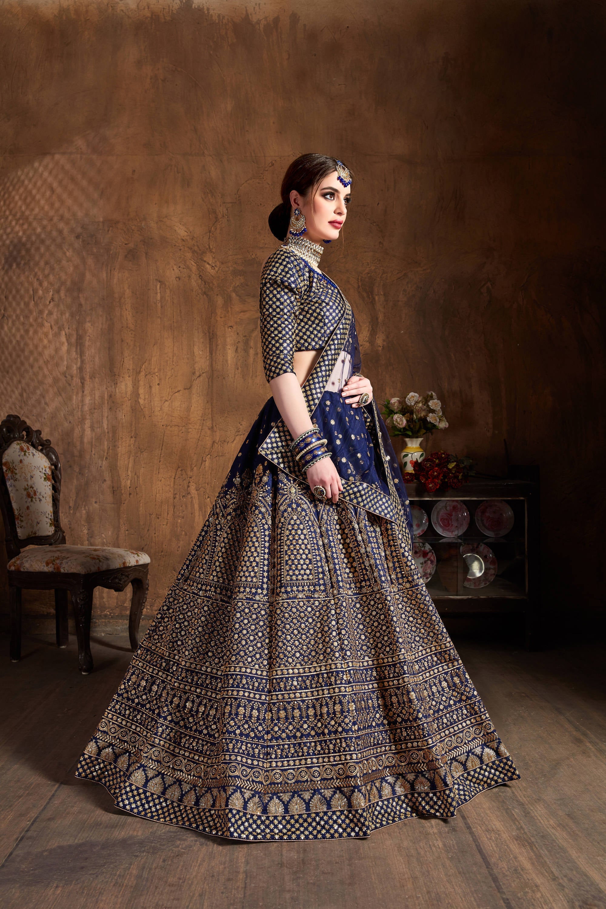 Demanding Navy Blue Sequins Raw Silk Wedding Lehenga Choli