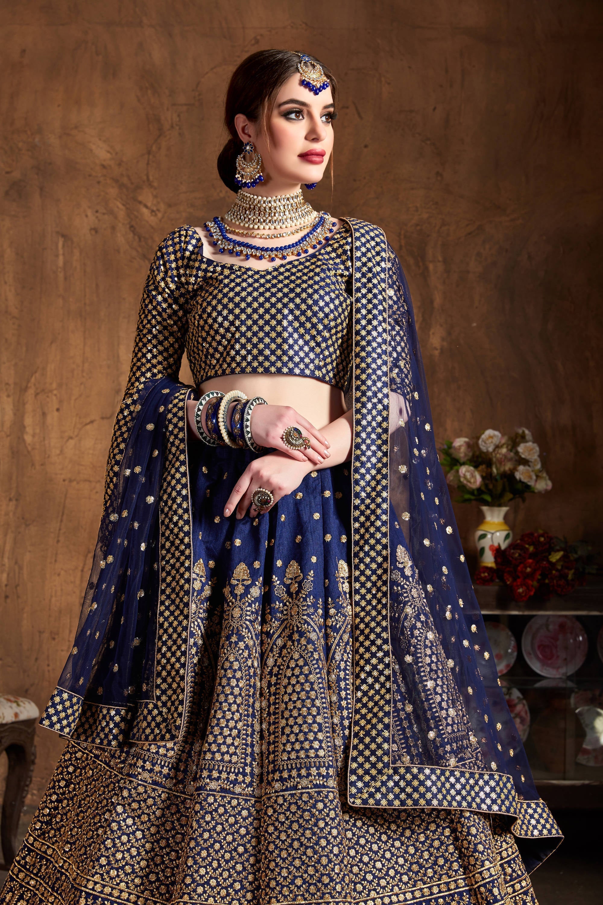 Demanding Navy Blue Sequins Raw Silk Wedding Lehenga Choli