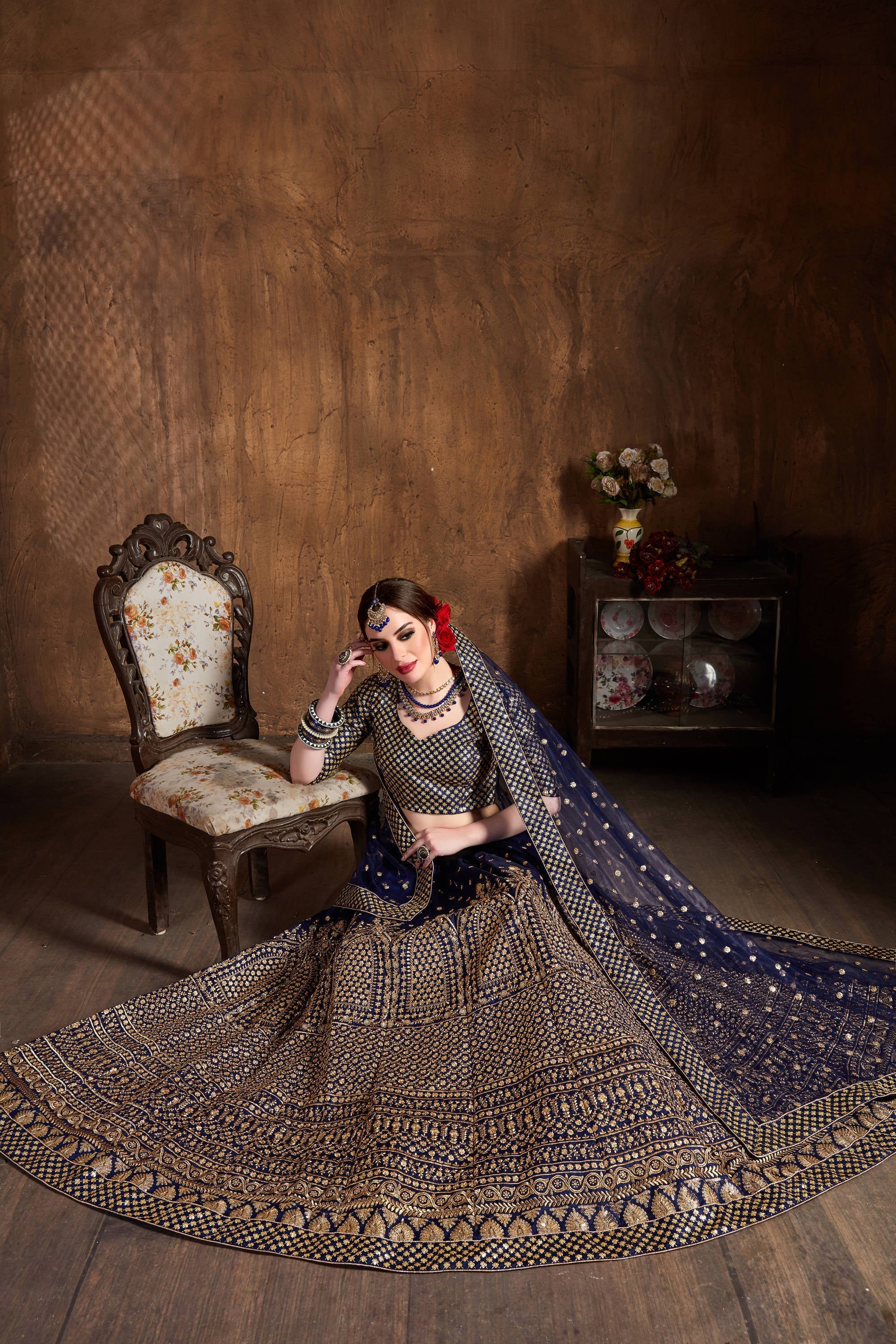 Demanding Navy Blue Sequins Raw Silk Wedding Lehenga Choli