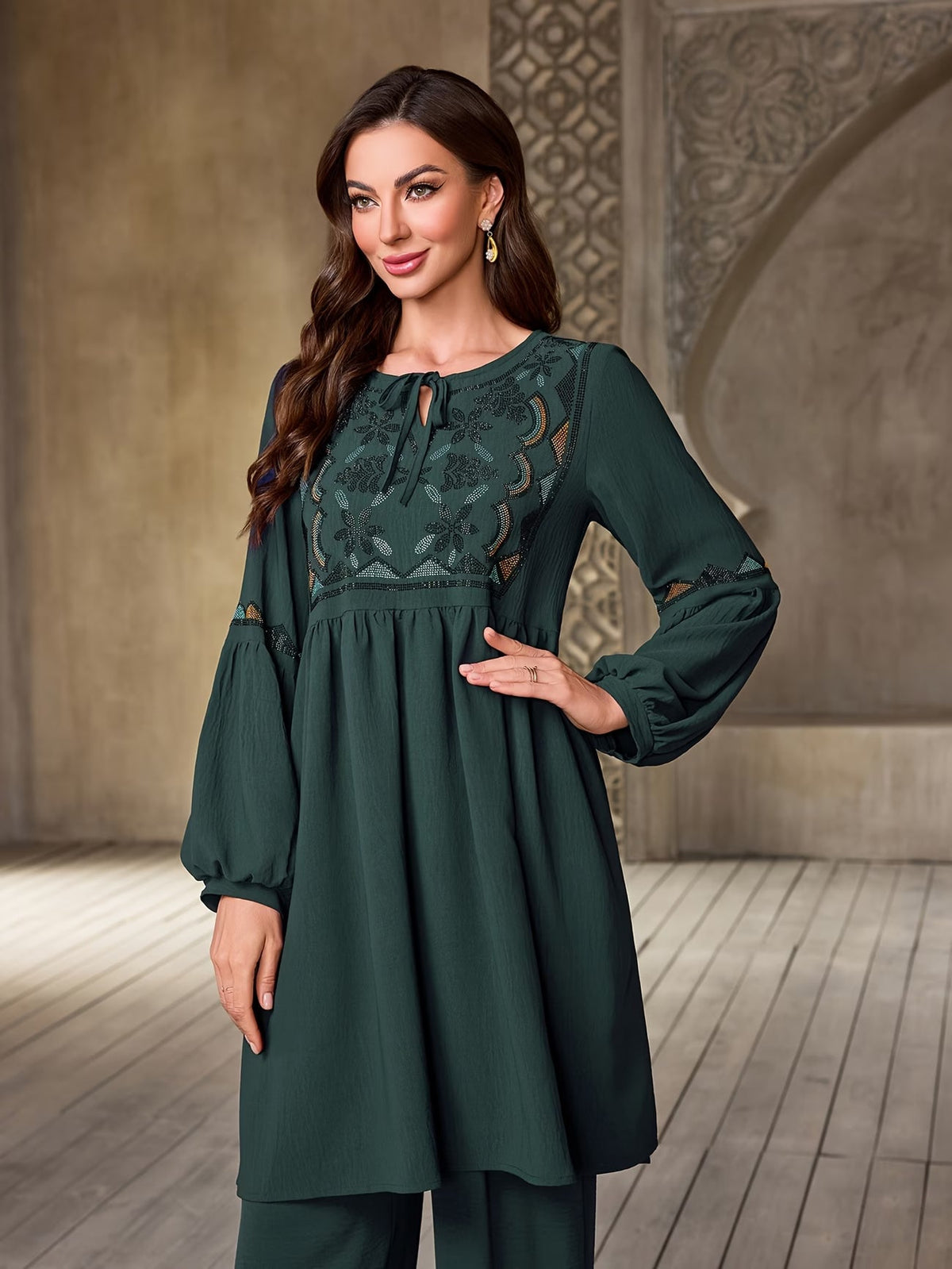 Women's Elegant Rhinestone Detail Long Sleeve Top & Wide-Leg Pants Set