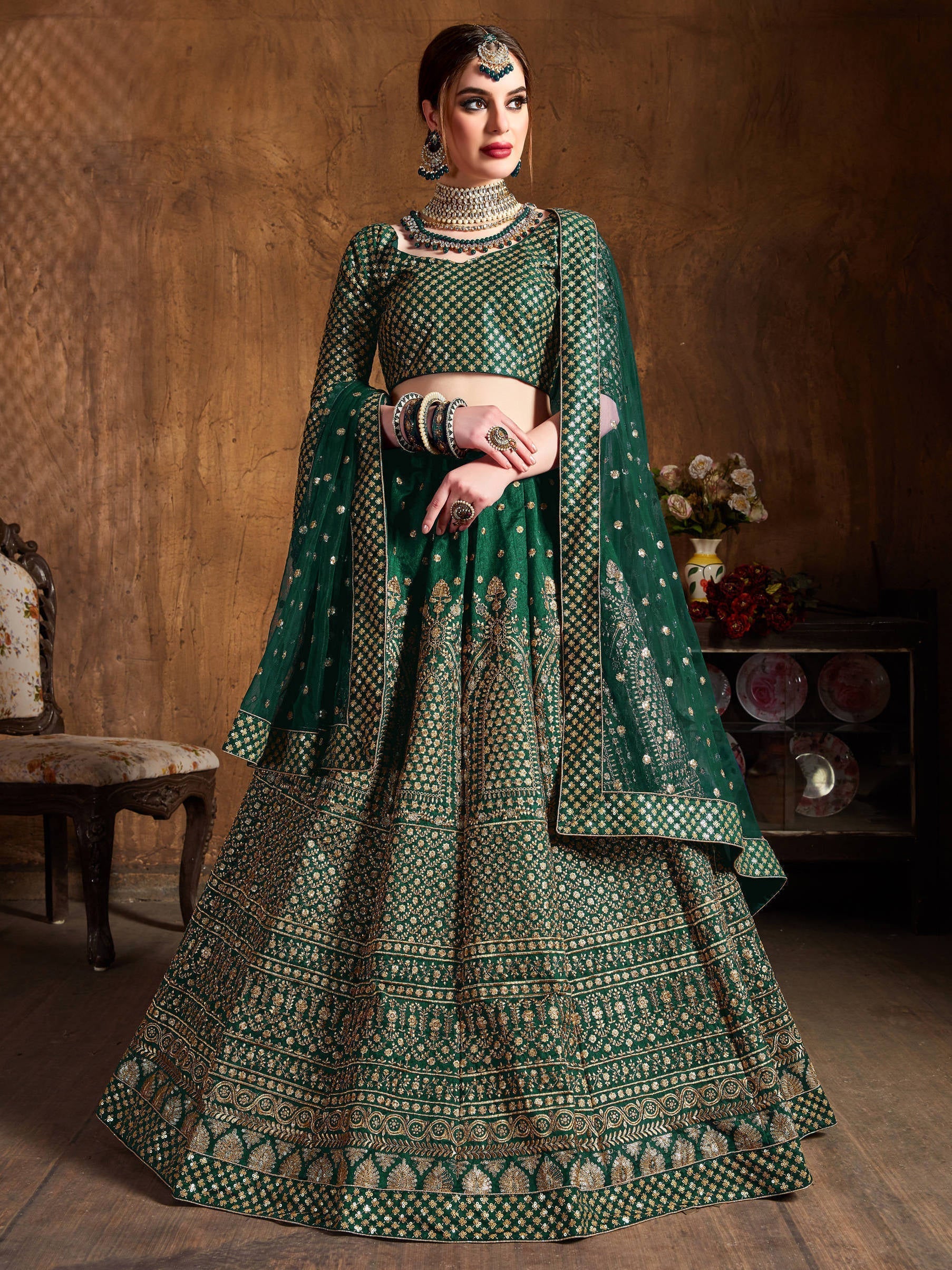 Dazzling Bottle Green Sequins Raw Silk Wedding Lehenga Choli