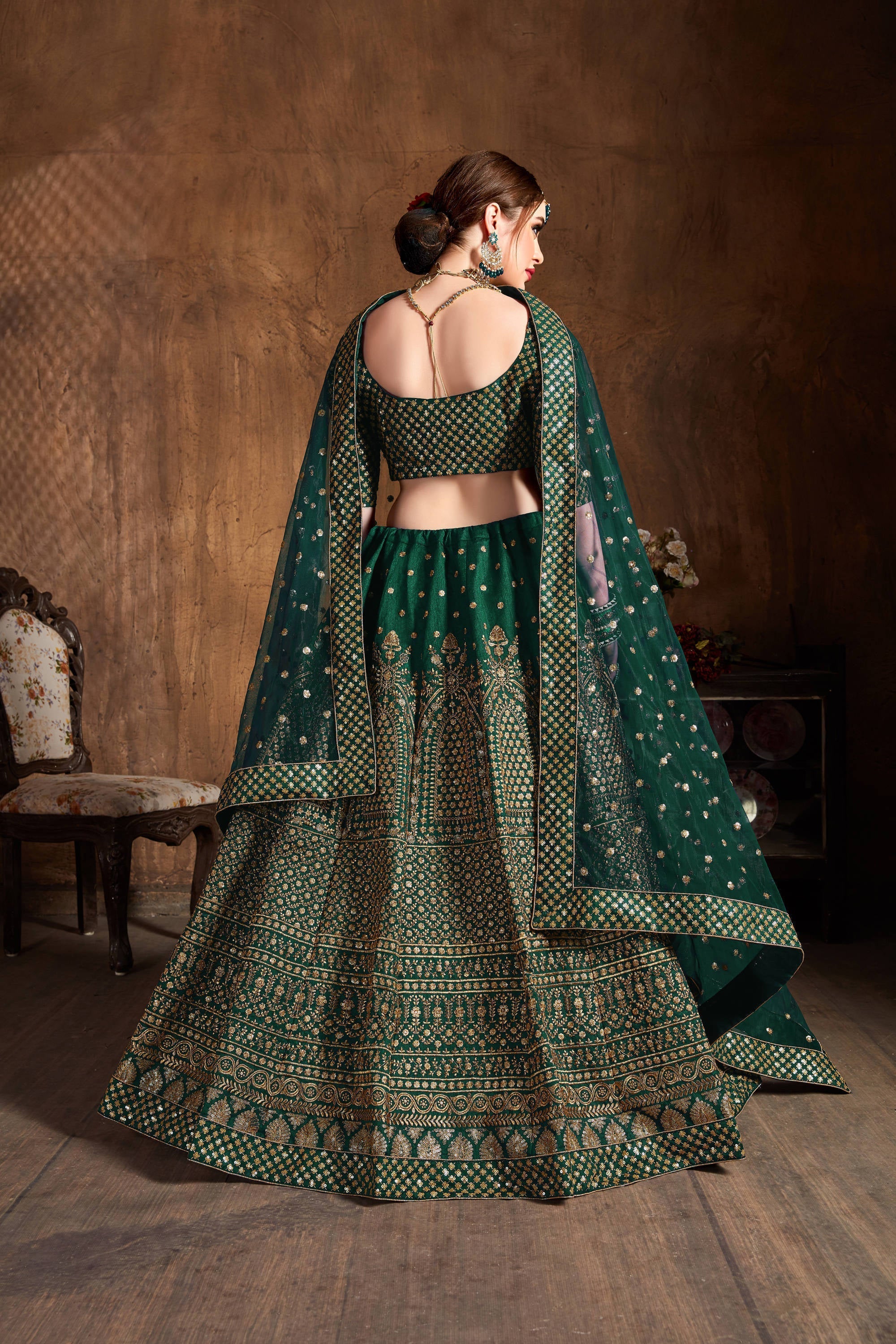 Dazzling Bottle Green Sequins Raw Silk Wedding Lehenga Choli