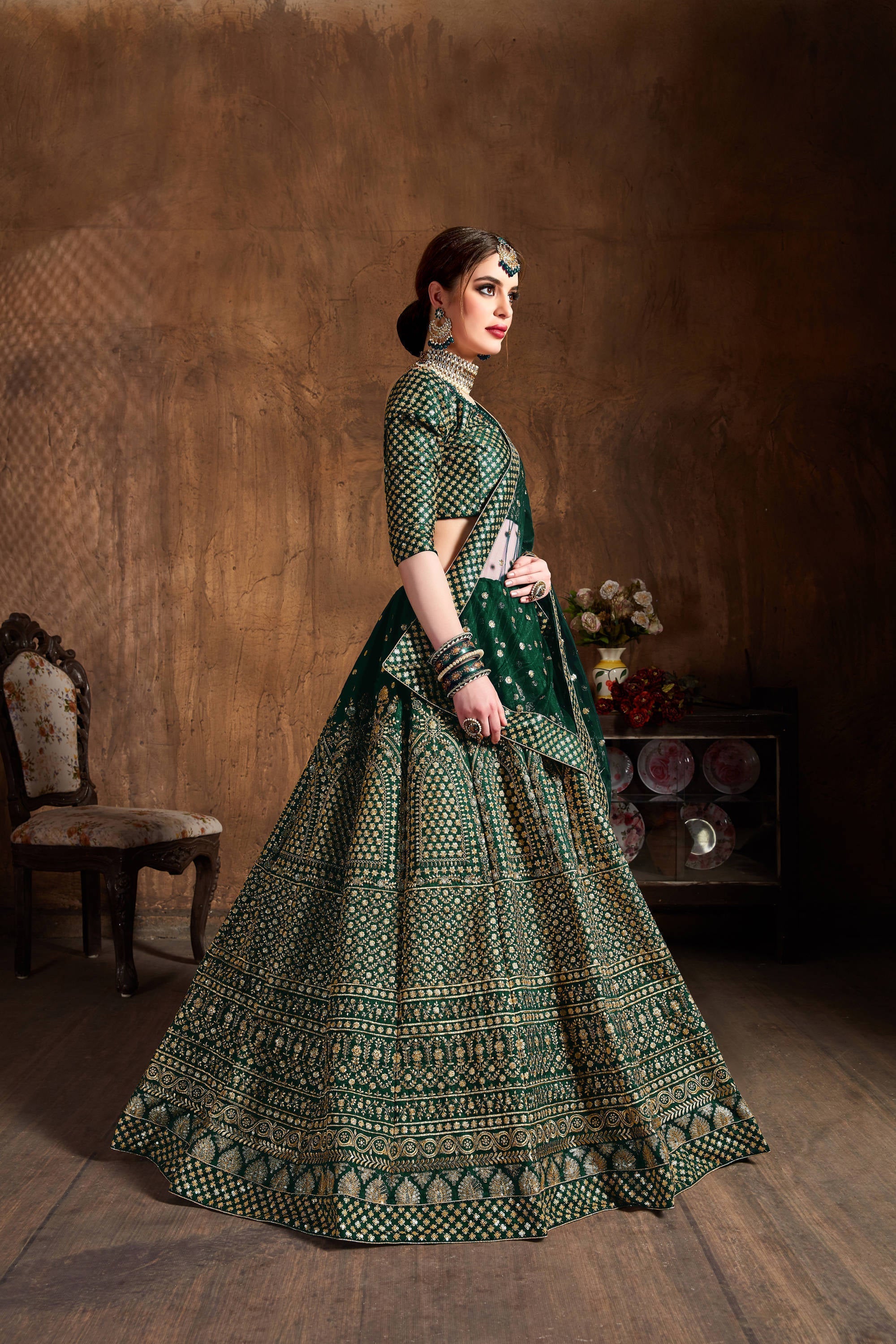 Dazzling Bottle Green Sequins Raw Silk Wedding Lehenga Choli