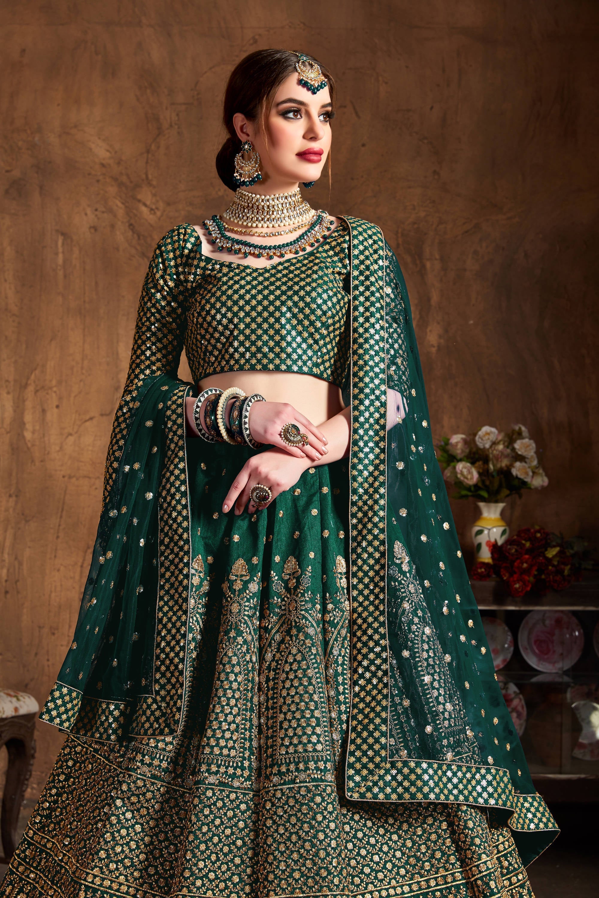 Dazzling Bottle Green Sequins Raw Silk Wedding Lehenga Choli