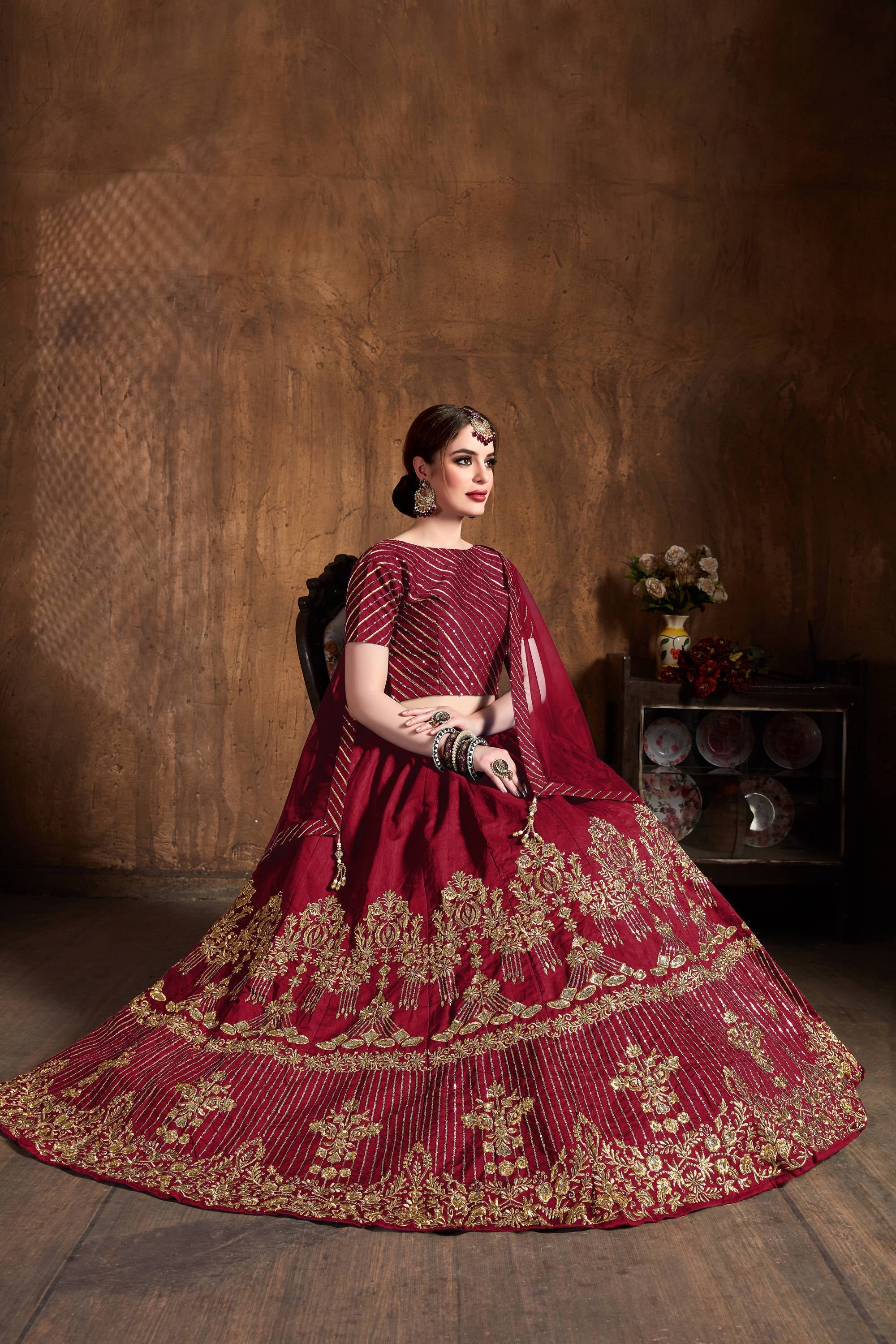 Mesmeric Red Sequins Art Silk Wedding Lehenga Choli
