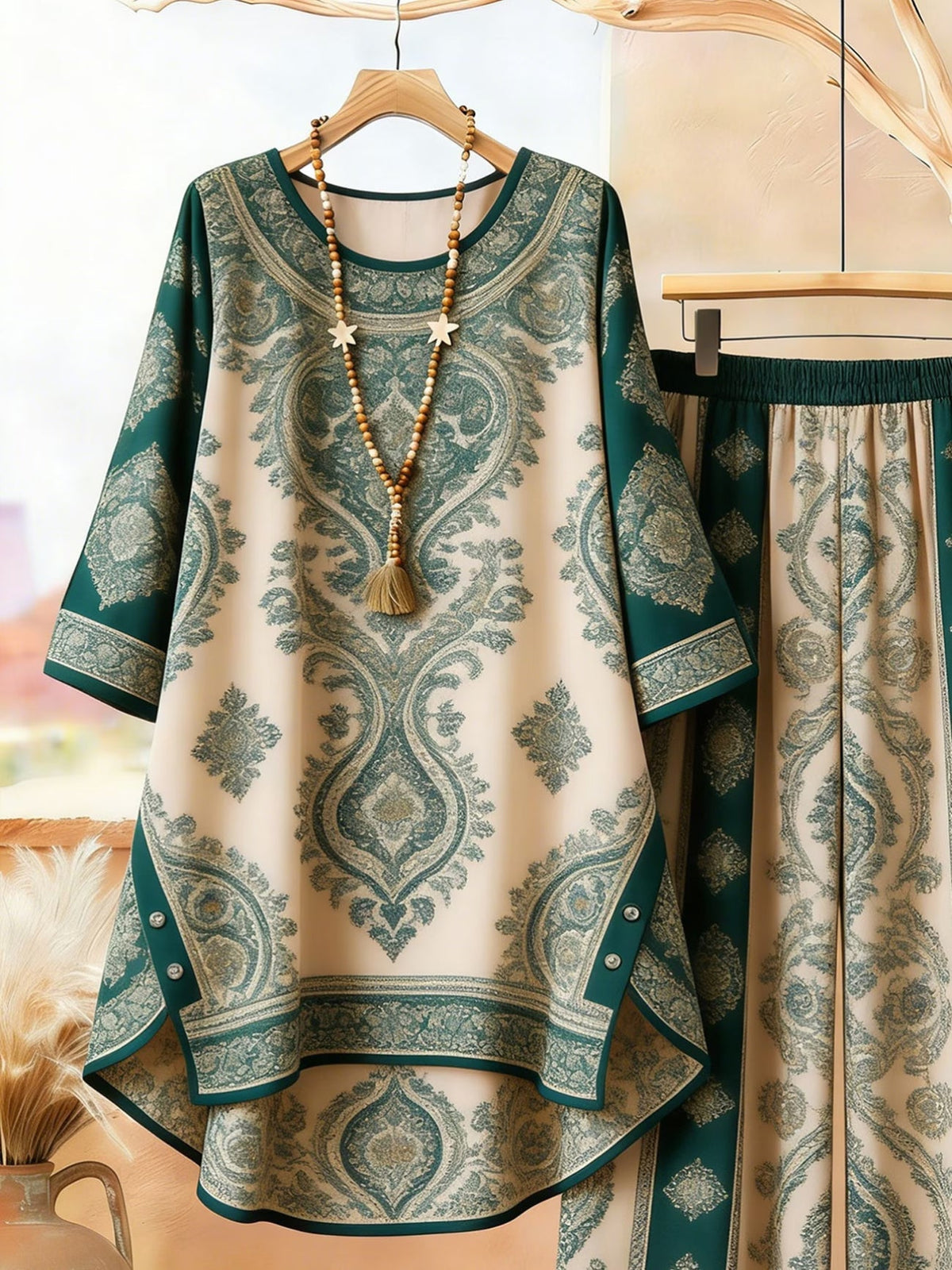 Plus Size Bohemian Printed Co-Ord Set – V-Neck Casual Tunic & Pants Outfit