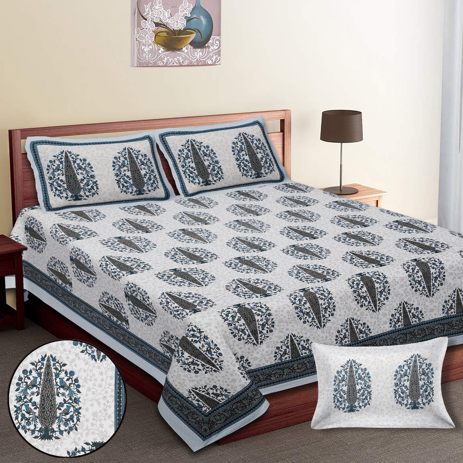 King-Size Bed Sheet Set with 2 Pillow Covers (Cotton Autoloom Fabric)