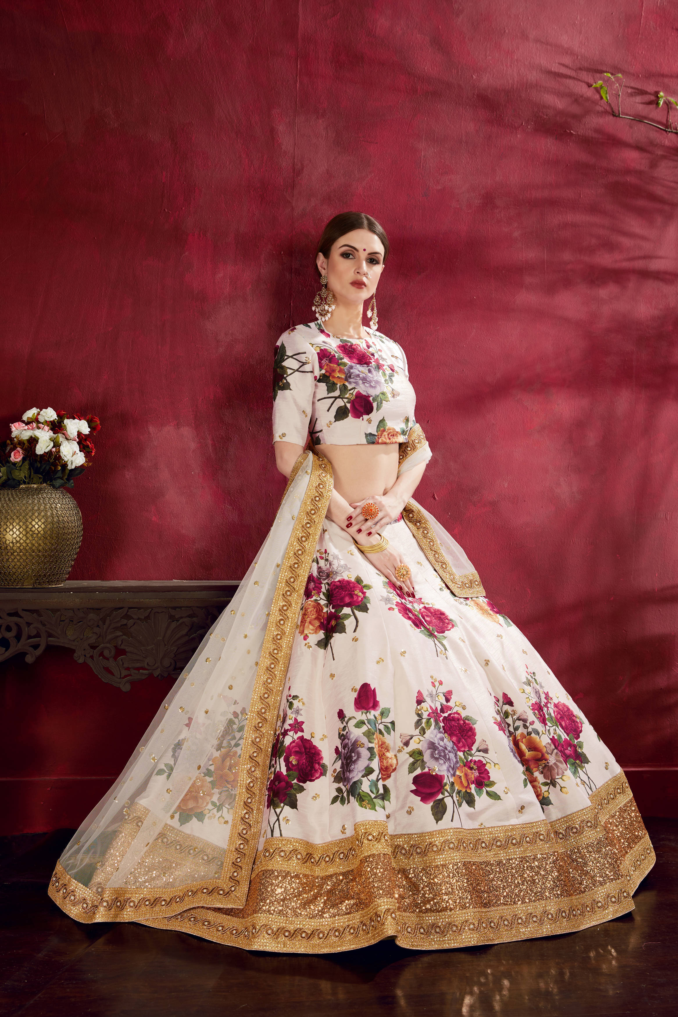 Amazing Off-White Floral Printed Banglory Silk Wedding Lehenga Choli