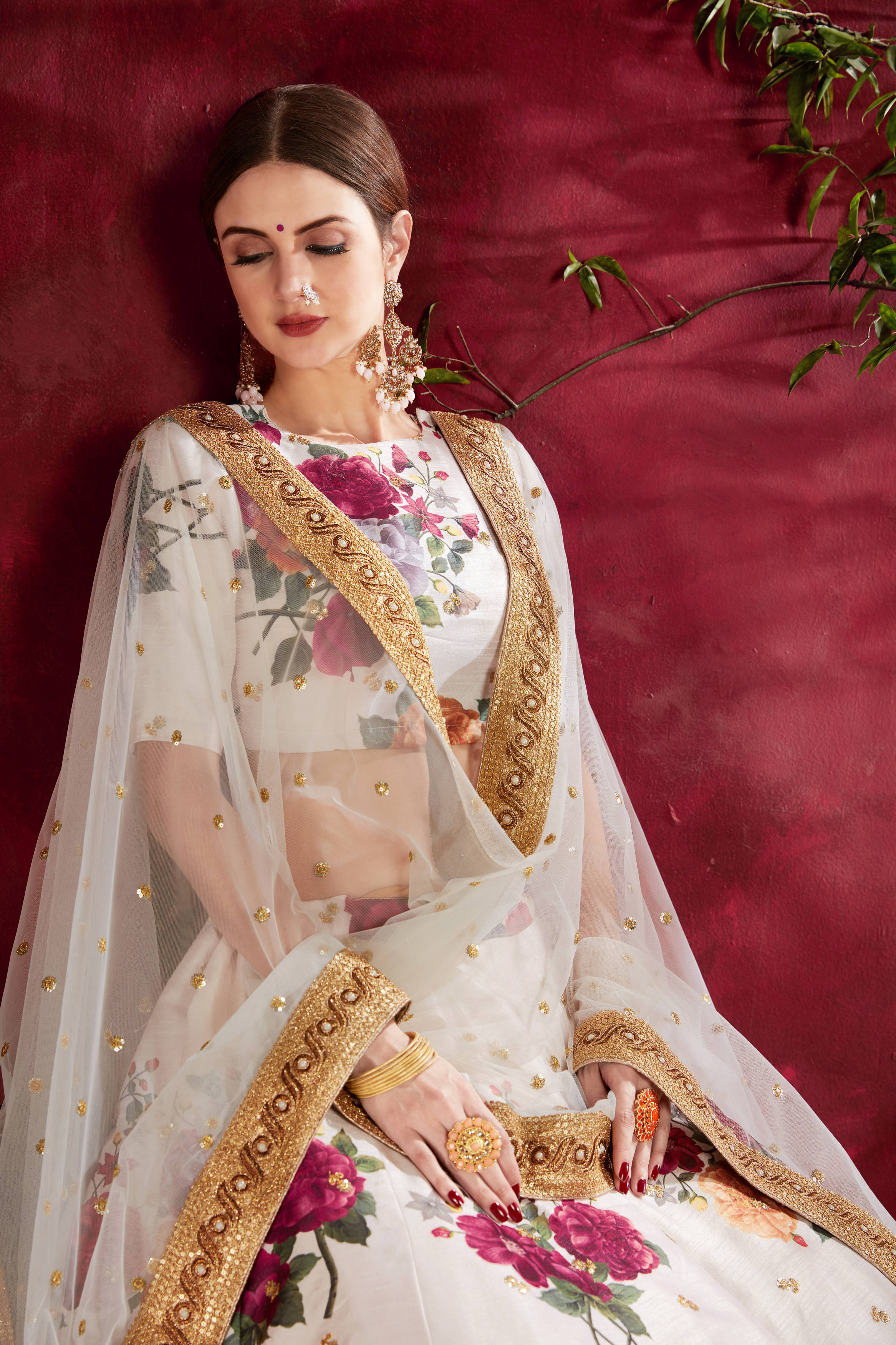 Amazing Off-White Floral Printed Banglory Silk Wedding Lehenga Choli