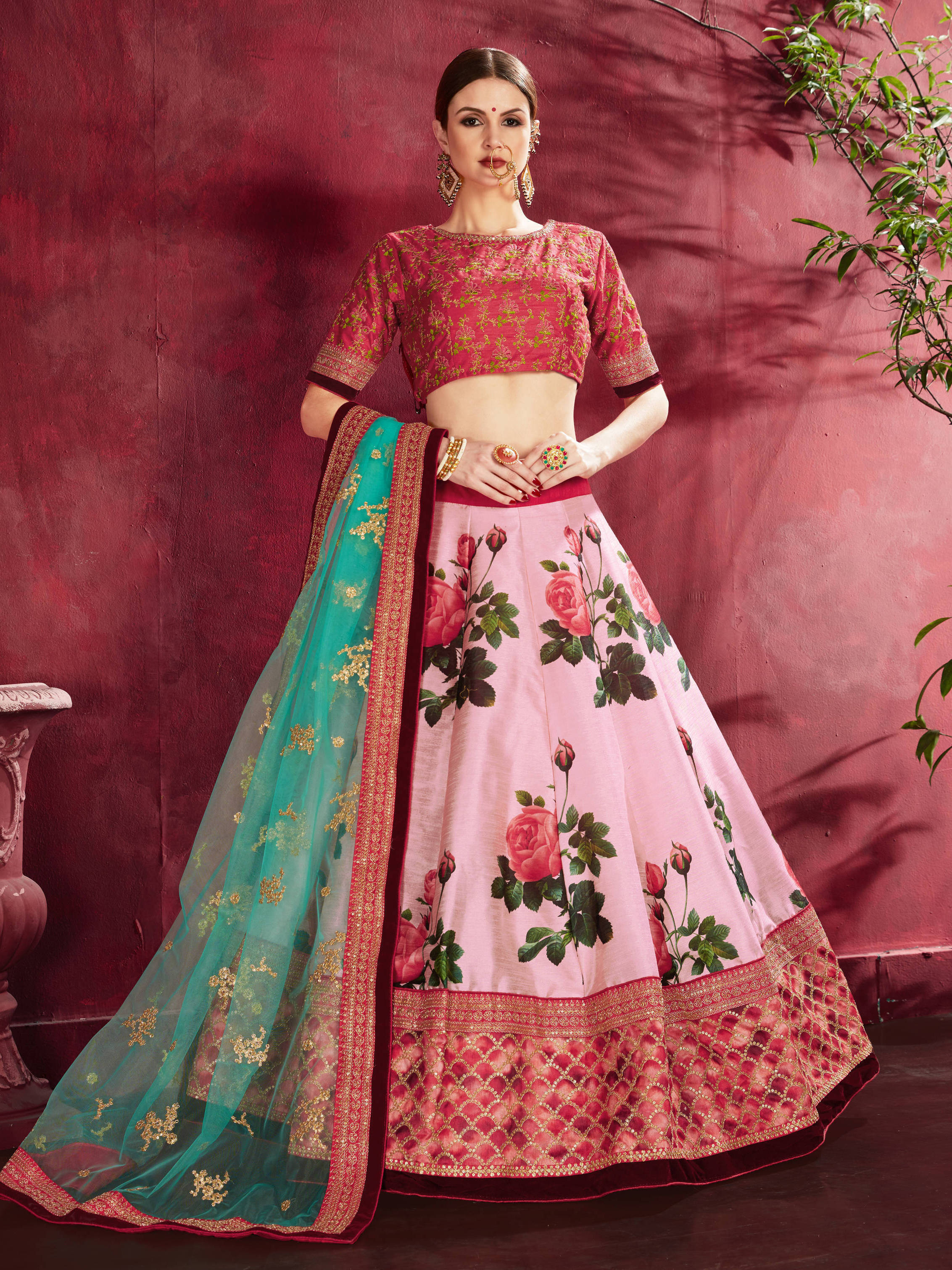 Phenomenal Rose Pink Floral Printed Banglory Silk Wedding Lehenga Choli