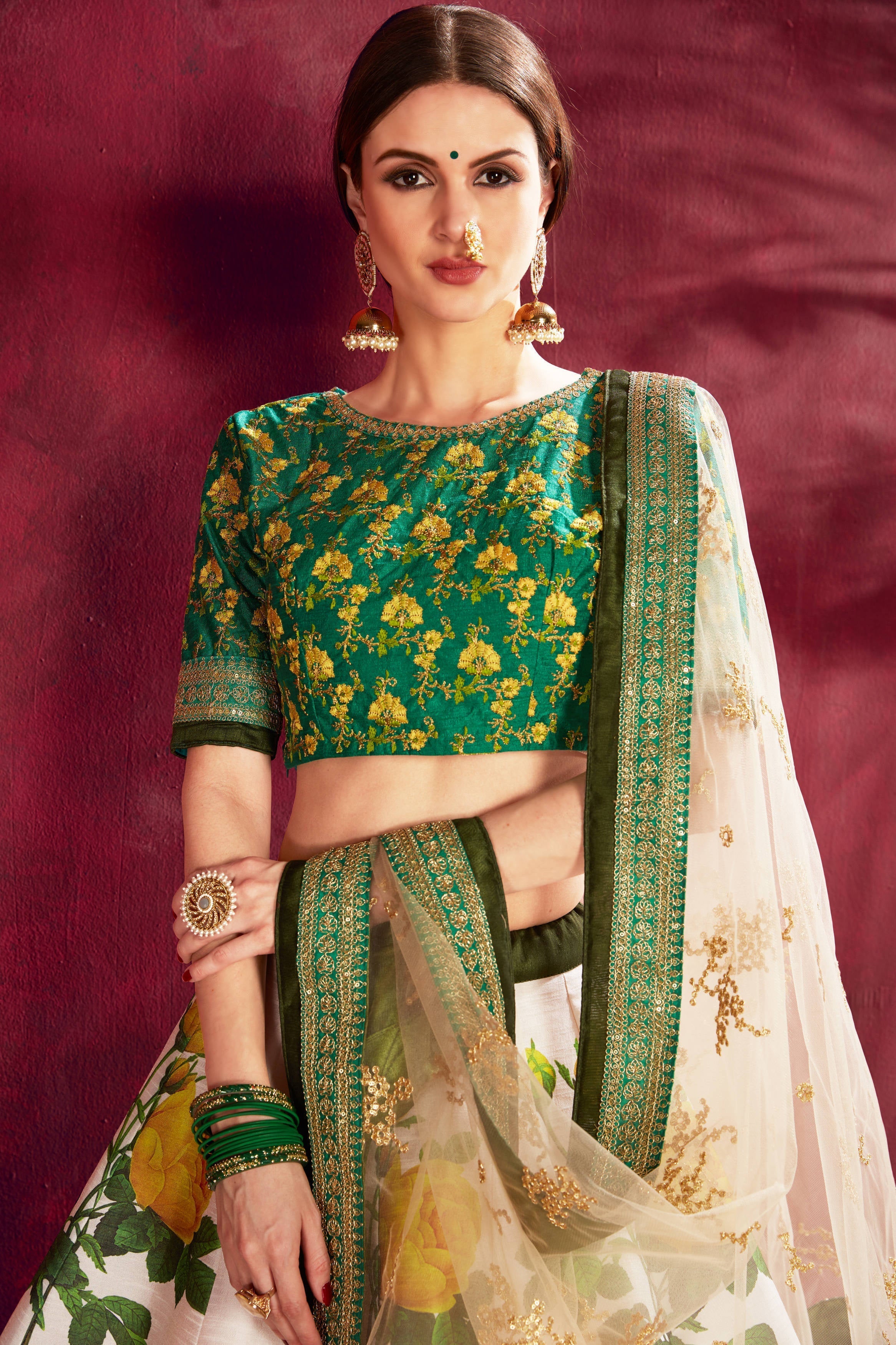 Eye-Catching Green Floral Printed Banglory Silk Wedding Lehenga Choli