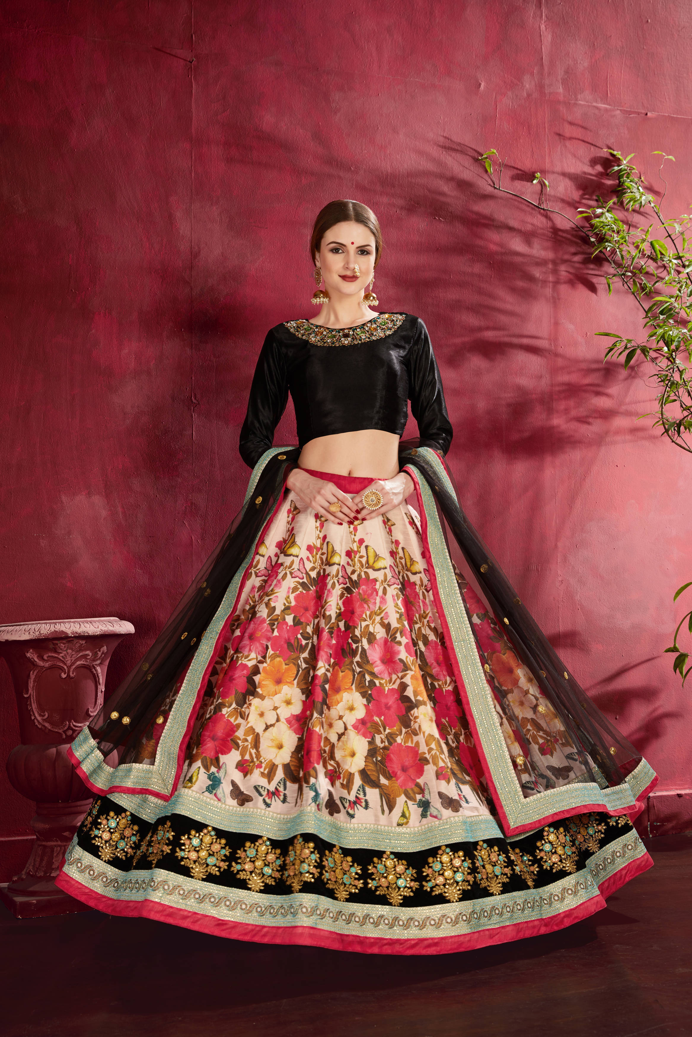 Sizzling Multi Color-Black Floral Printed Banglory Silk Wedding Lehenga Choli With Dupatta