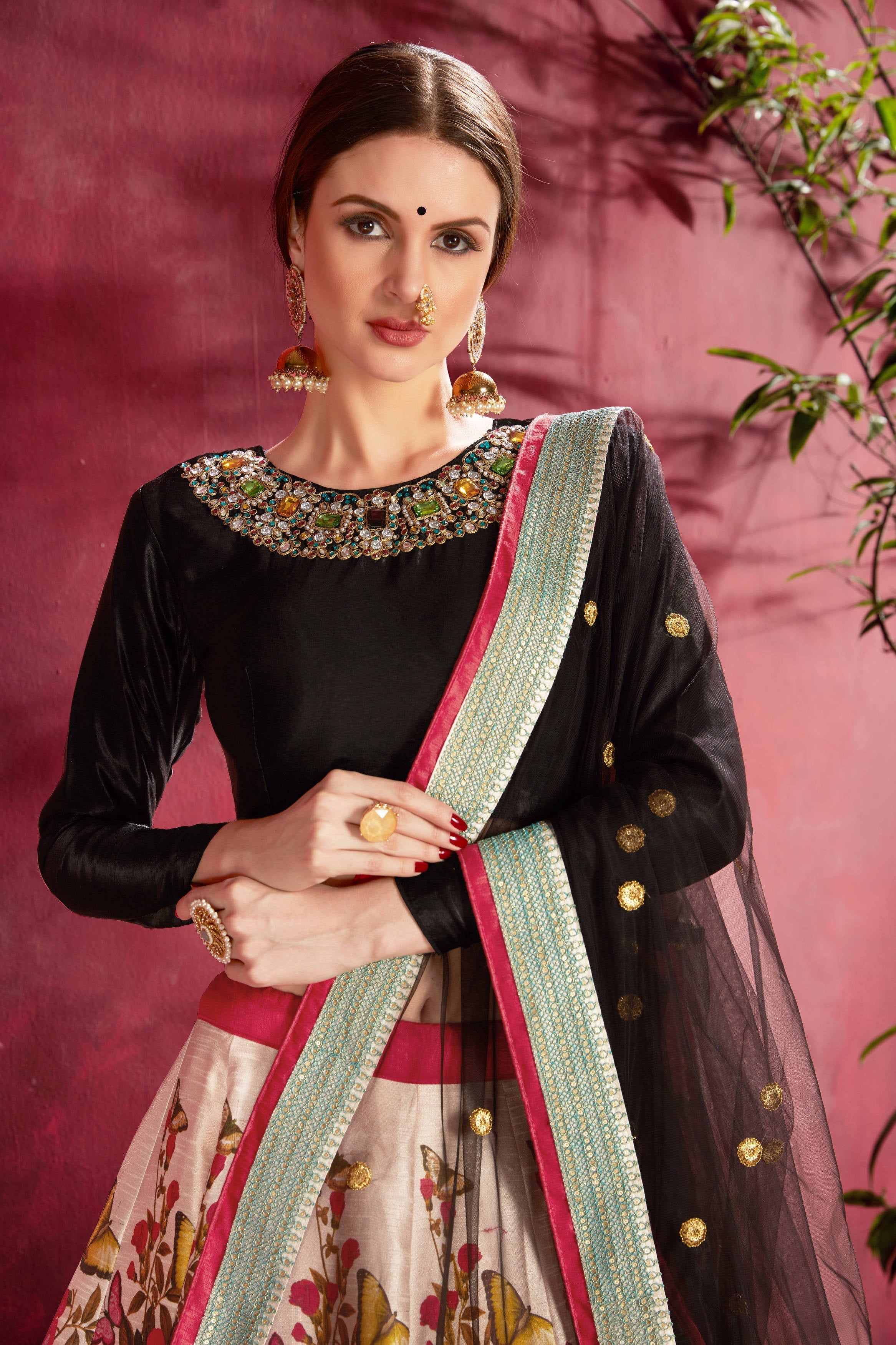 Sizzling Multi Color-Black Floral Printed Banglory Silk Wedding Lehenga Choli With Dupatta