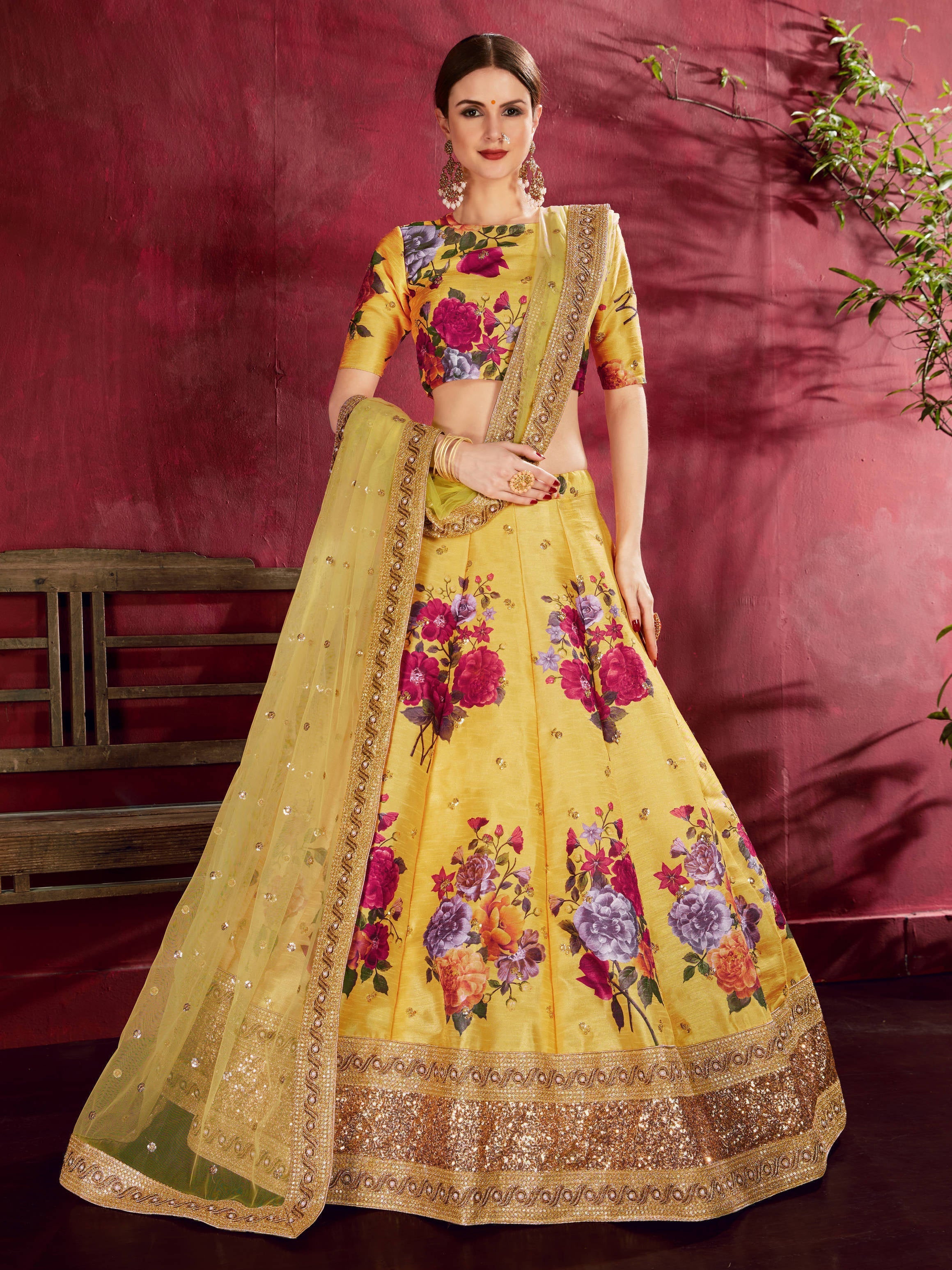 Gorgeous Yellow Floral Printed Banglory Silk Wedding Lehenga Choli With Dupatta
