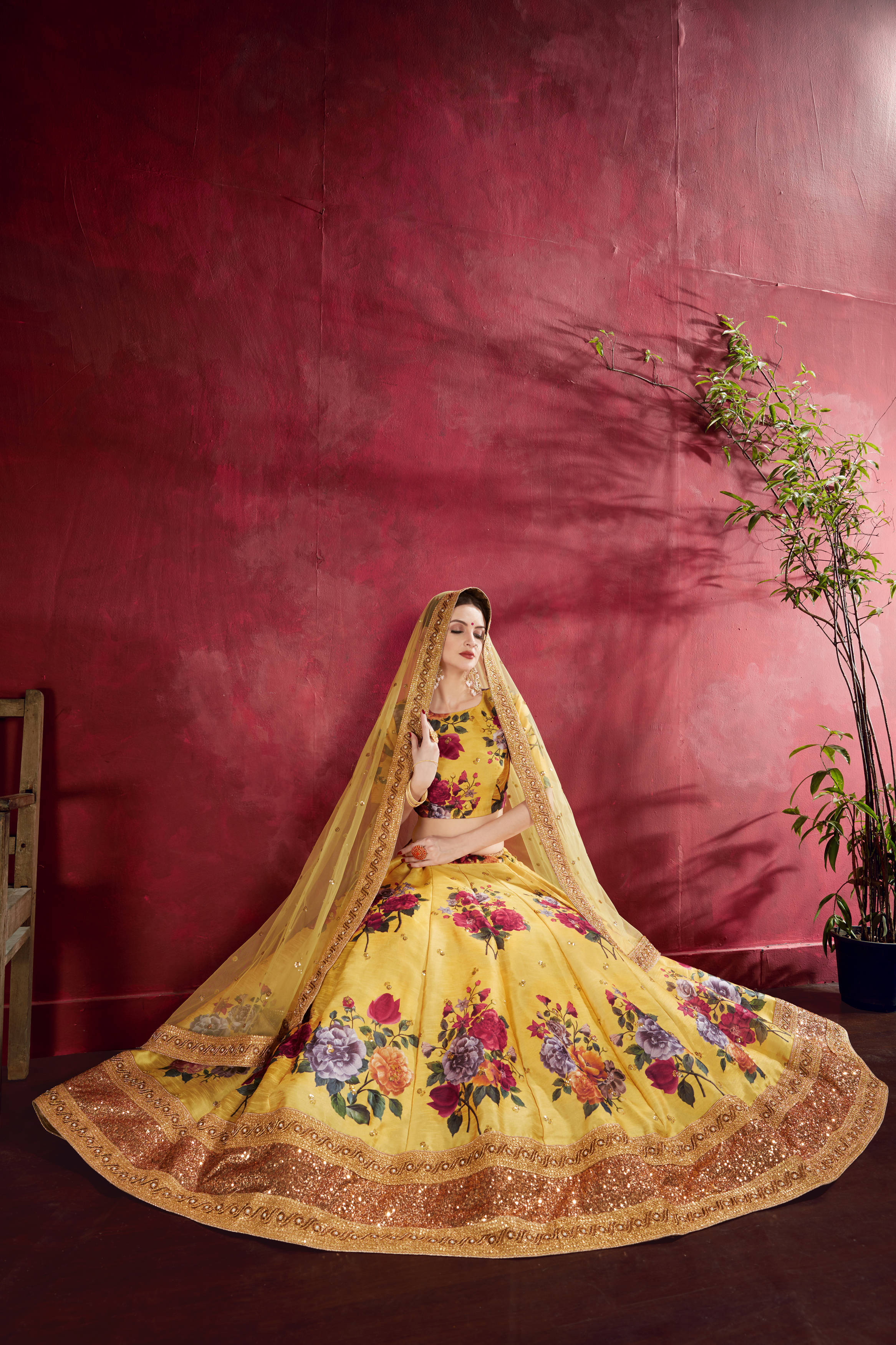 Gorgeous Yellow Floral Printed Banglory Silk Wedding Lehenga Choli With Dupatta