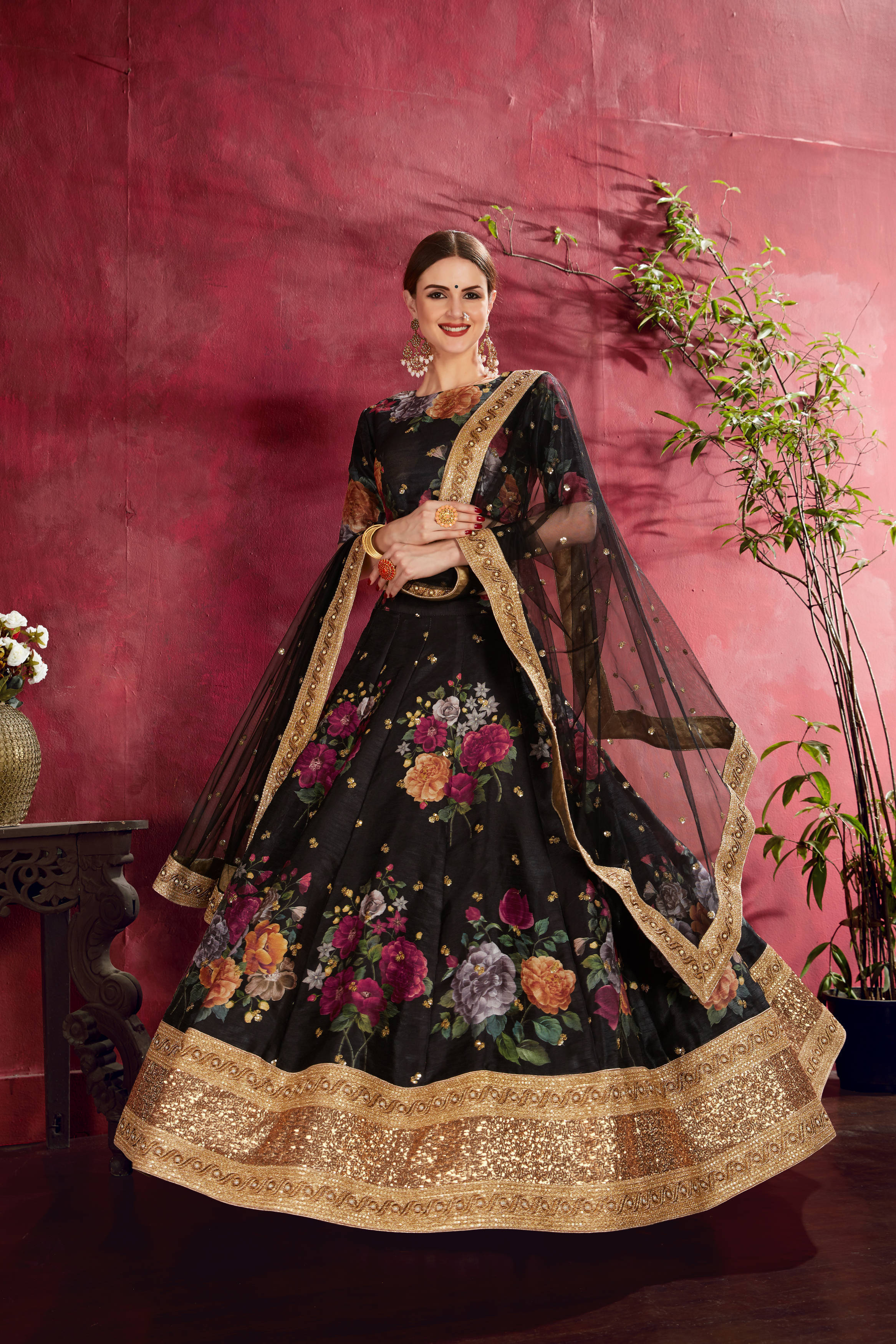 Arresting Black Floral Printed Banglory Silk Wedding Lehenga Choli With Dupatta