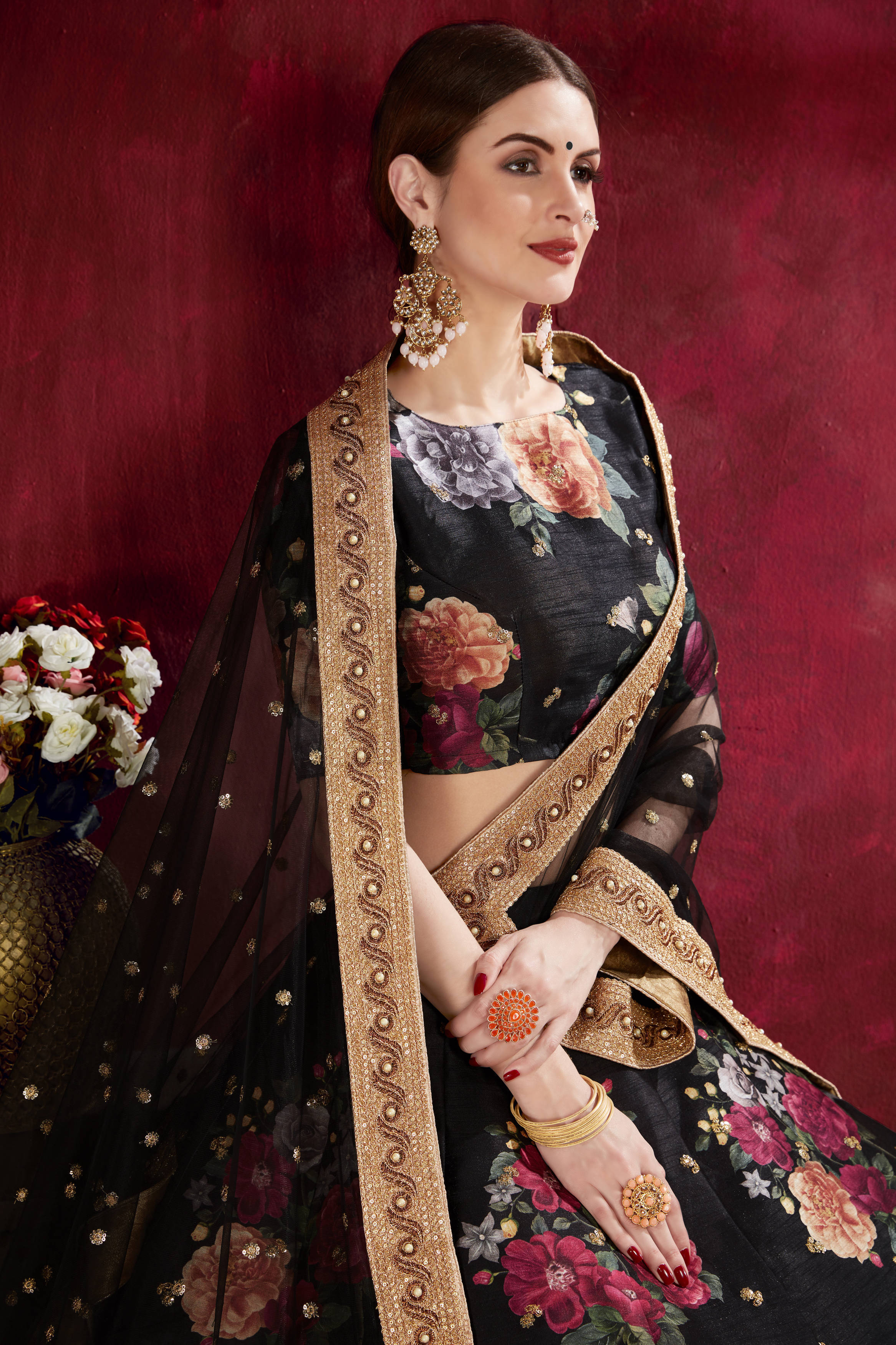 Arresting Black Floral Printed Banglory Silk Wedding Lehenga Choli With Dupatta