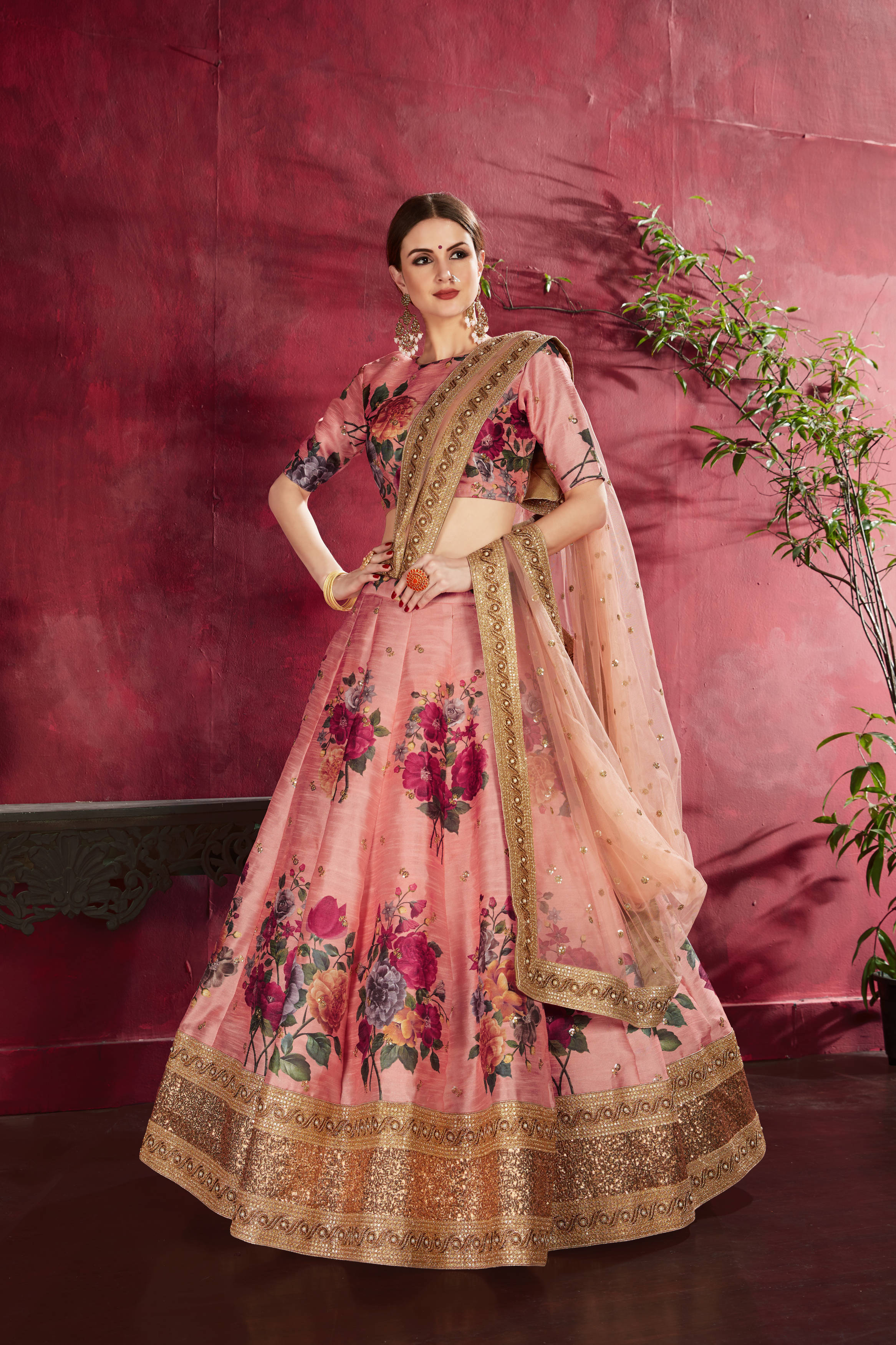 Adorning Peach Floral Printed Banglory Silk Wedding Lehenga Choli With Dupatta